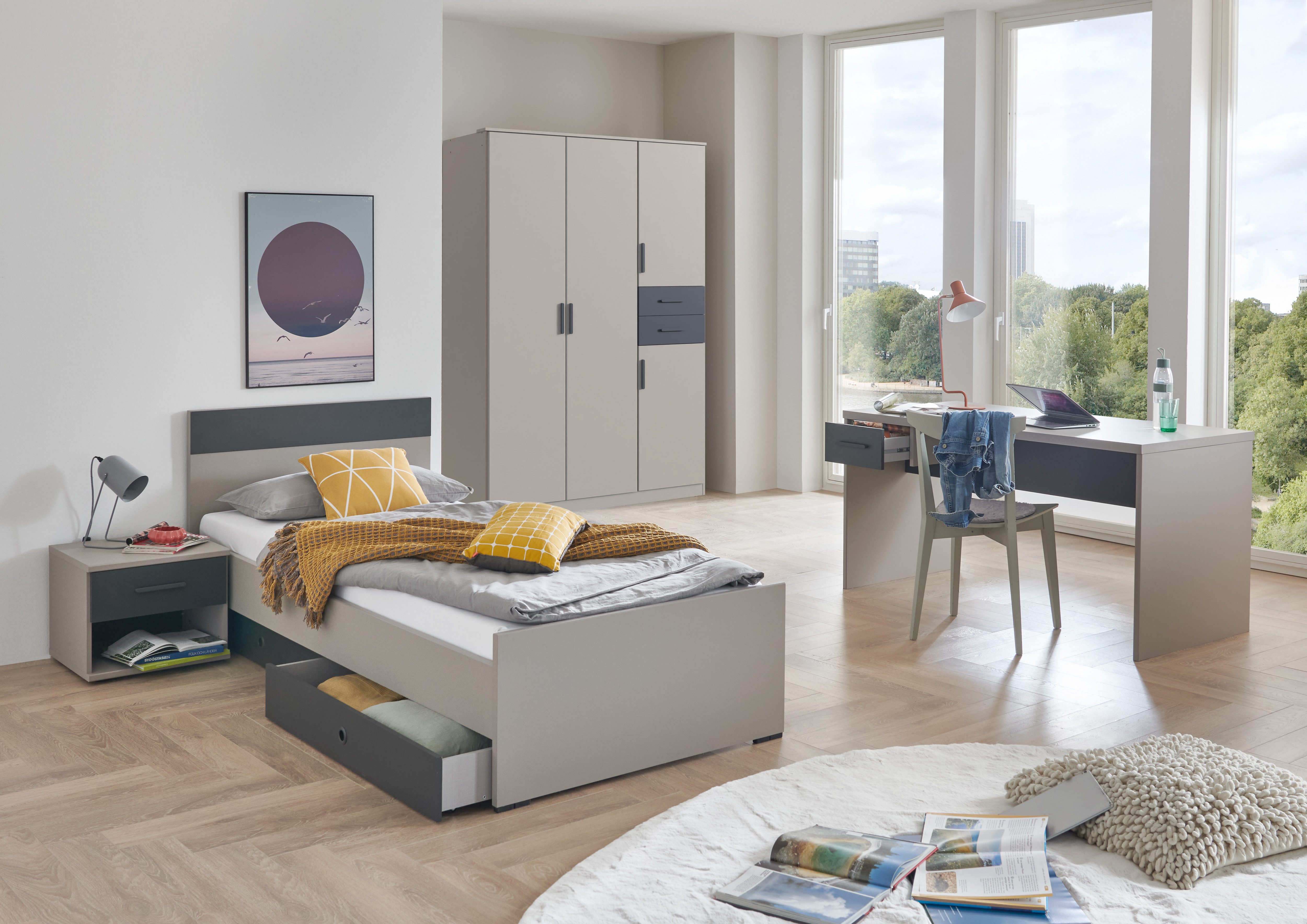 möbel-direkt.de Jugendzimmer-Set Bahamas in Saharagrau und Weiß oder Grafit mit Drehtürenschrank, (Komplett set, 6-tlg., in verschiedenen Zusammenstellungen wählbar), robuste, pflegeleichte Oberflächen