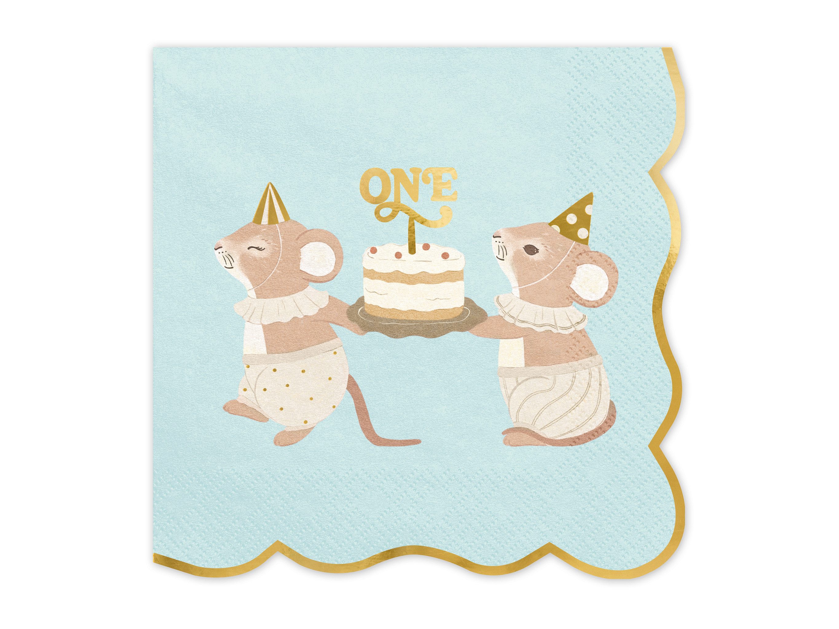 partydeco Papierserviette, Servietten Papier 33x33cm 2-lagig 12 Stück ONE mit Mäusen Blau / Gold