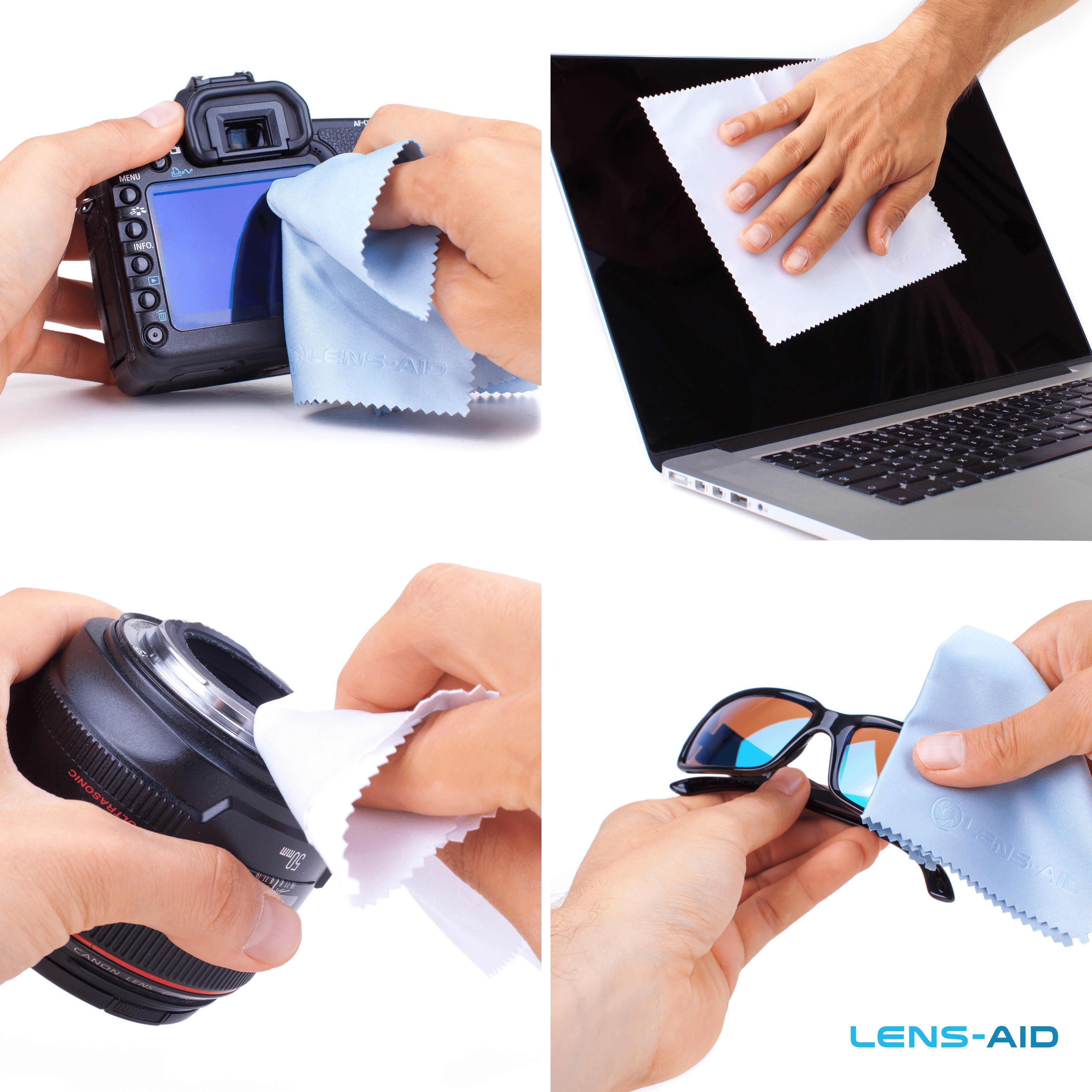Lens-Aid 5er-Set Mikrofaser-Reinigungstücher (5-tlg., Aufbewahrungsbeutel etc) mit Handy-Display, Mikrofasertuch Kamera, Tablet für Brille