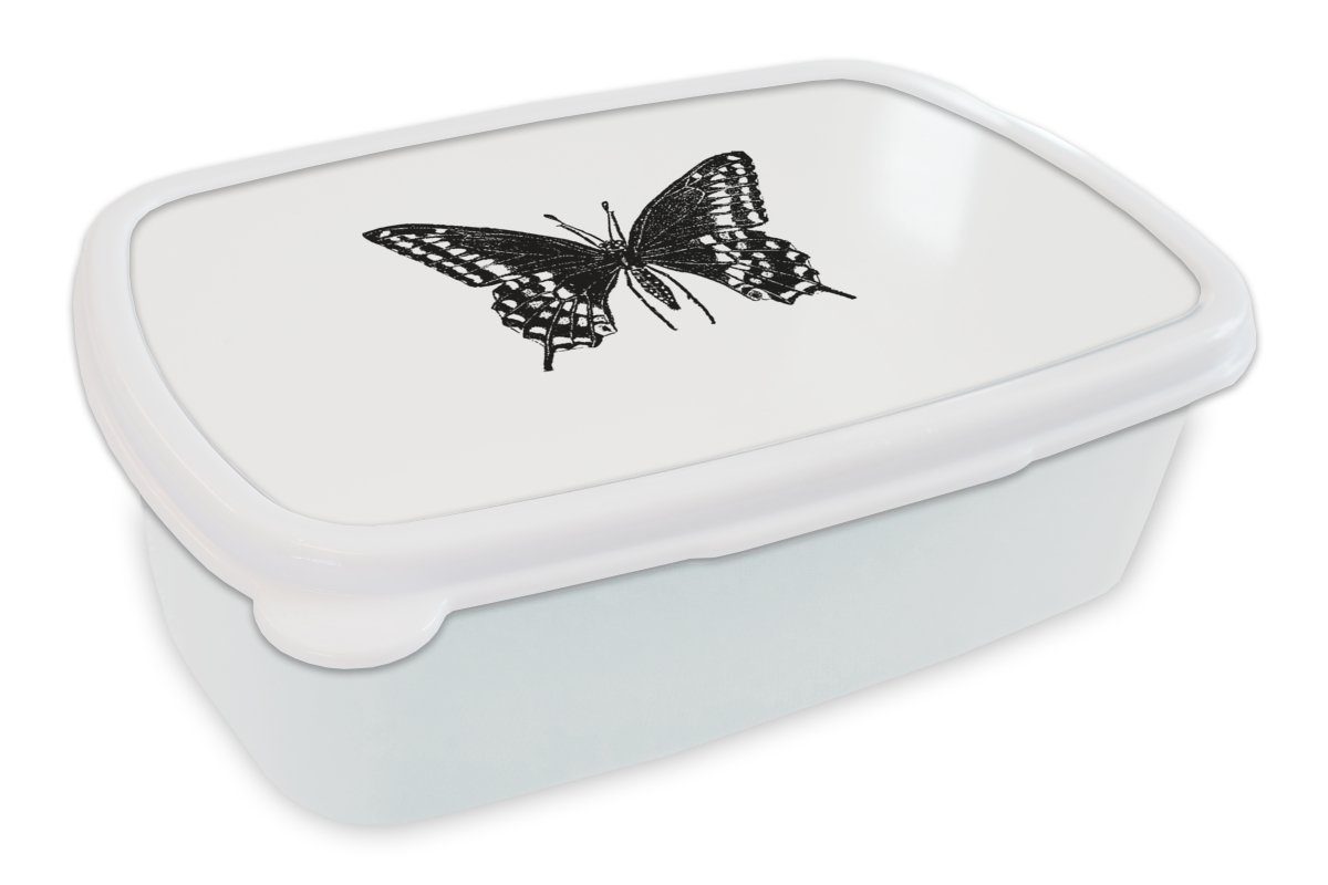 und und Retro für Schwarz Lunchbox Kunststoff, (2-tlg), Mädchen MuchoWow für Jungs Kinder - Schmetterling Brotbox und Erwachsene, Brotdose, weiß, - Tiere -