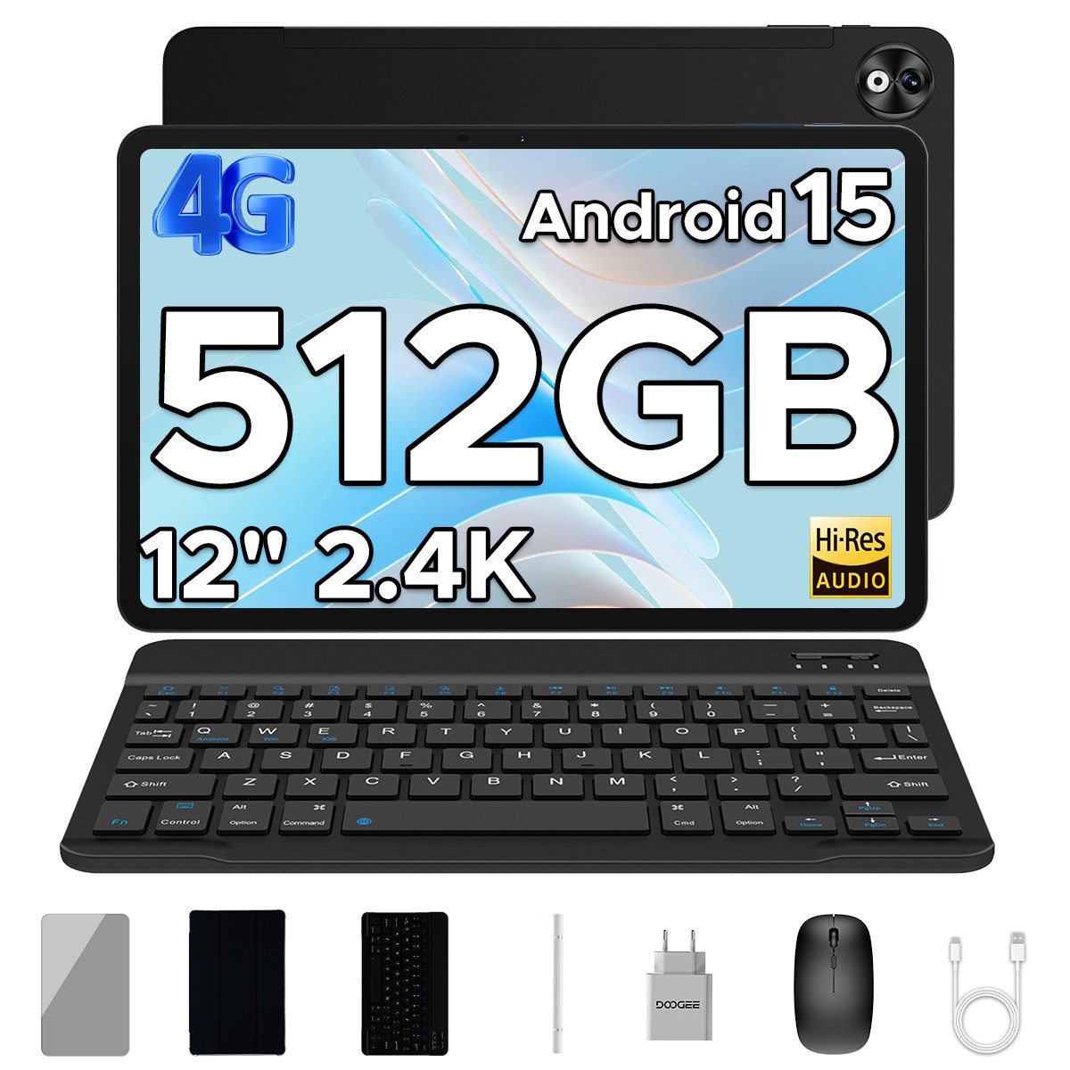 DOOGEE T40PRO Android 15 Tablet mit Tastatur Stift/Maus/Hülle Tablet (12", 512 GB, Android 15, 20GB+512GB, 10800mAh, 8MP+16MP, OTG/FM/Face Unlock)