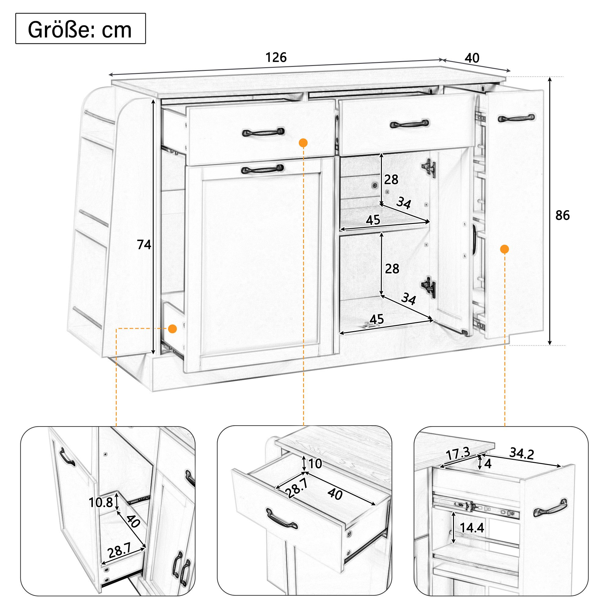 Celya Sideboard Buffetschrank mit unterschiedlichen Schubladen (mit Abfallbehälterfach und externer Gewürzregal), für Esszimmer, Wohnzimmer und Küche