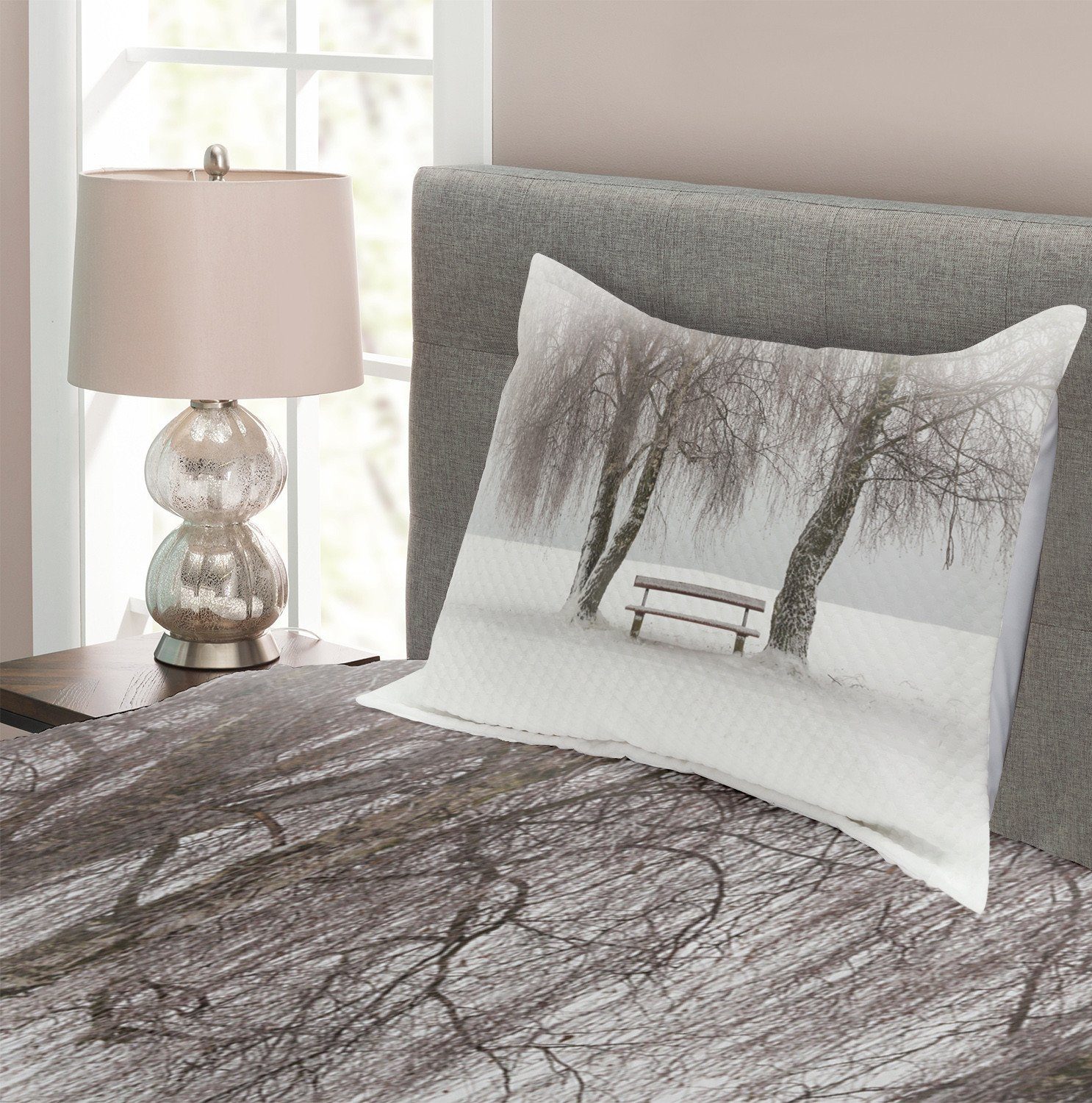 Winter Abakuhaus, Bäume mit Tagesdecke Schneeflocken Kissenbezügen Set Bench Waschbar,