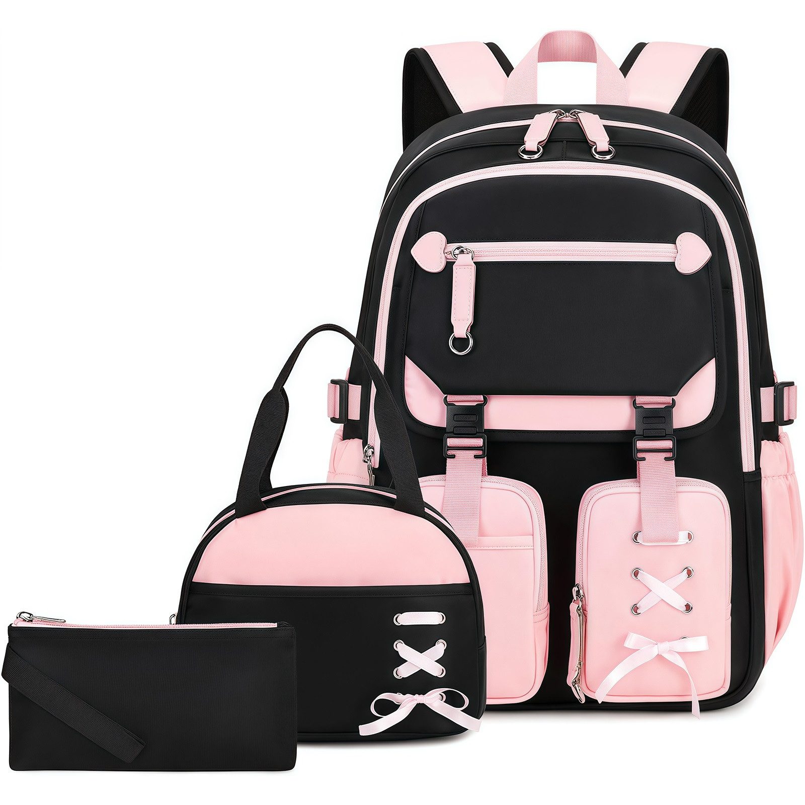 MOPUEA Schulrucksack Schulrucksack Mädchen Teenager Daypack 3. bis 7. Klasse Schule (Schulrucksack-Set mit Lunchbox Federmäppchen für Mädchen Teenager, 3-tlg., Mit Lunchbox Federmäppchen Großem Hauptfach Seitenfächern Rückenfach), Wasserabweisend Leicht E