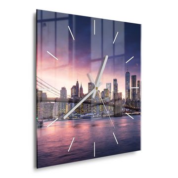 DEQORI Wanduhr 'Brooklyn Bridge Abendröte' (Glas Glasuhr modern Wand Uhr Design Küchenuhr)