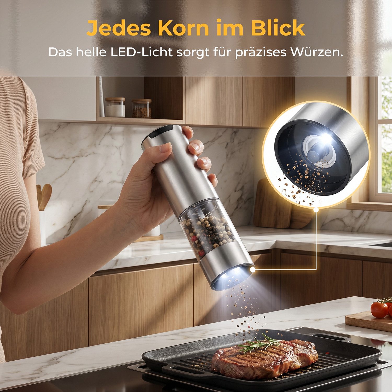 AKKEE Salz-/Pfeffermühle Elektrische Salzmühle & Pfeffermühle, 2er Set, LED-Beleuchtung, Pfeffermühle Elektrisch mit USB Aufladbar – Bild 4 von 5