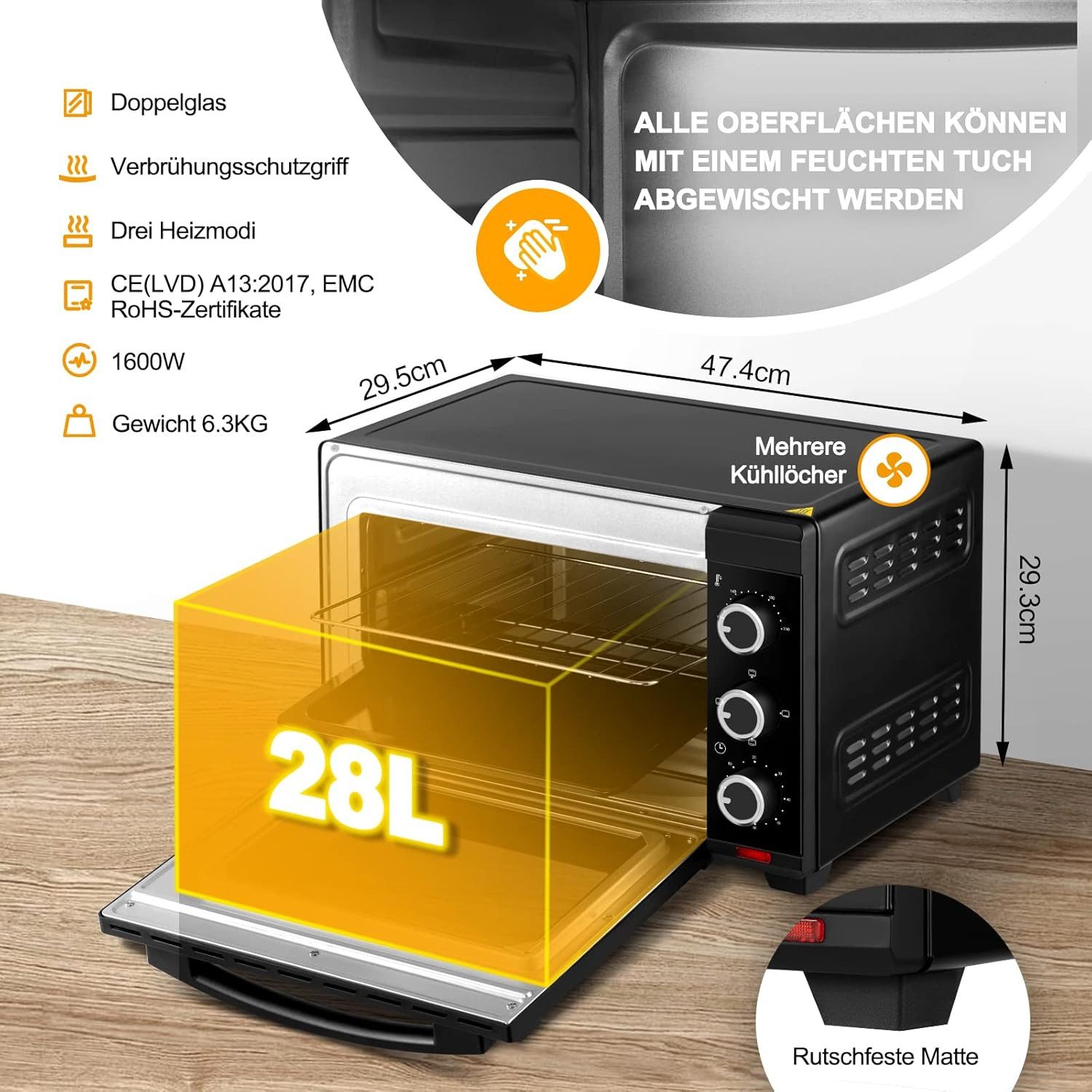 Woltu Minibackofen, Toastofen mit Timer, 28 Liter 1600W