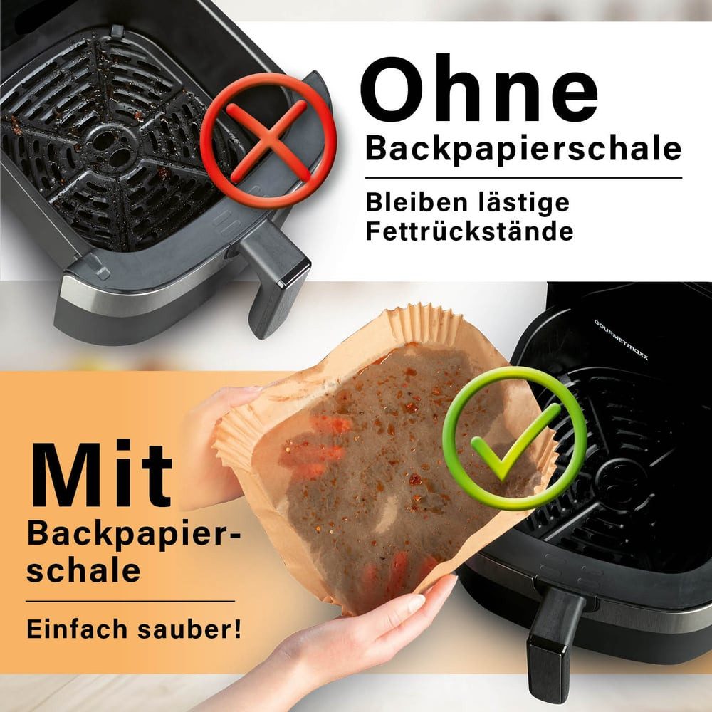 GOURMETmaxx Backpapier Backpapierschalen für Heißluftfritteusen (5–8 l) - 50 Stück, Airfryer Backpapier – flexible Form, 23 x 23 x 4,5 cm – Bild 4 von 5