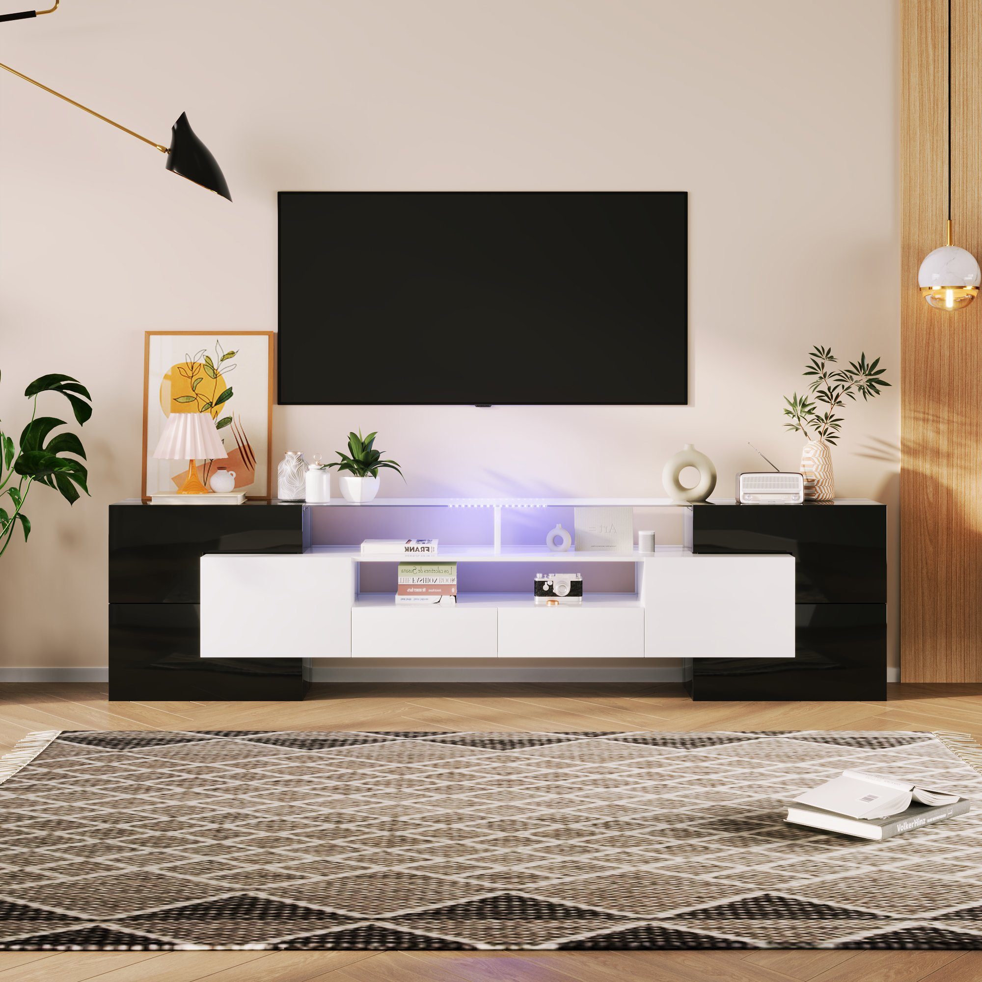 Fangqi TV-Schrank TV-Schrank, einstellbar, Glasoberfläche,200cm Lowboard,LED-Beleuchtung, Schublade LED-Farbe x4, Schwarz x4 Tür