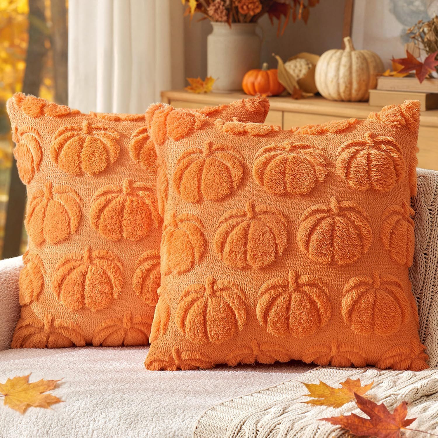 FOUORTUNATE-BEE Kissenbezug 2er Set Kissenbezüge Herbstliche Kürbismotiv Dekokissenbezüge, (2 Stück), Sofakissenhüllen für Halloween und Thanksgiving, Kissenhülle