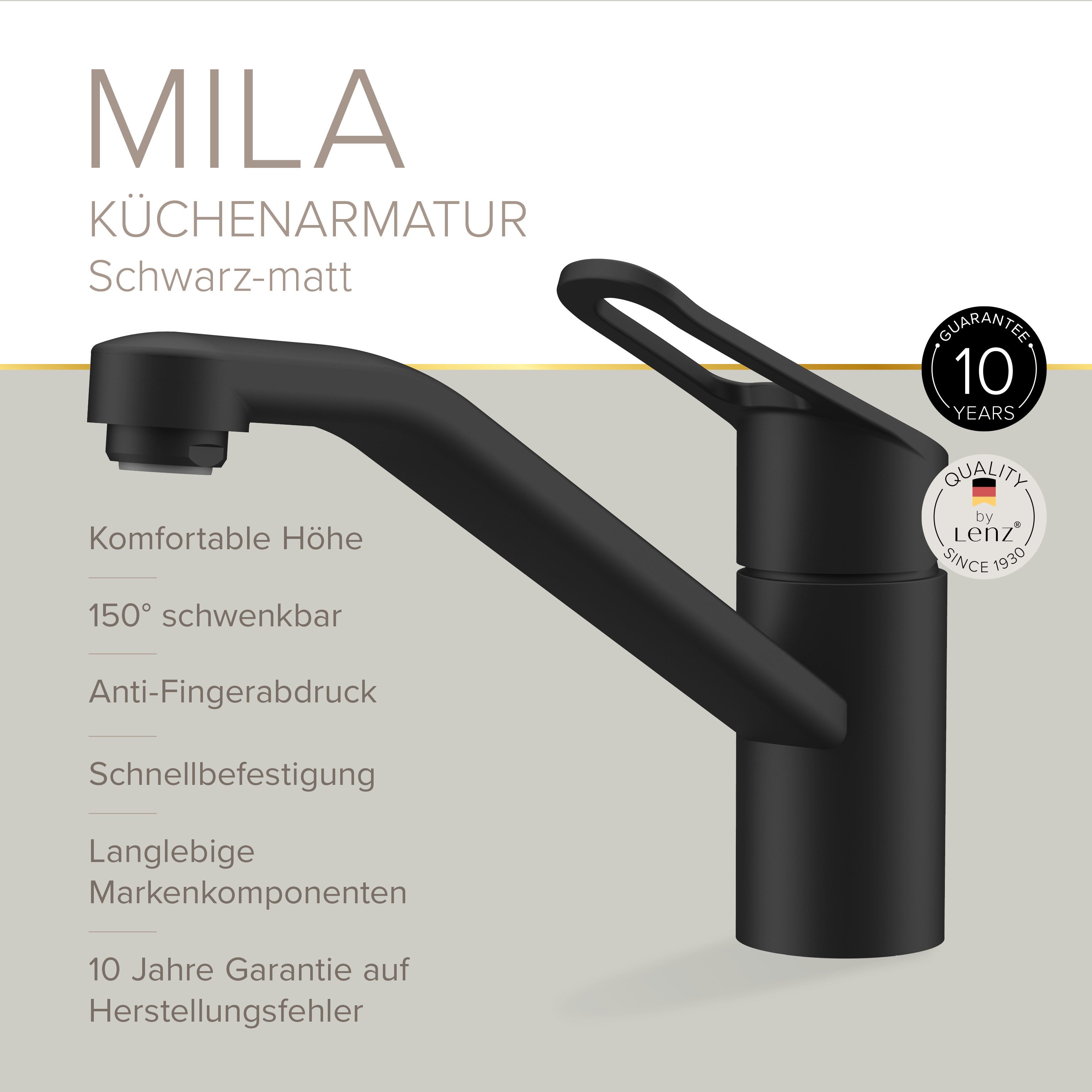 Lenz Küchenarmatur MILA (Küchenarmatur mit Anti Fingerabruck Oberfläche) schwenkbarer Auslauf