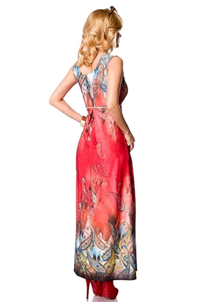 rot/gemustert langes Sommerkleid Gürtelkette Maxikleid Strandkleid mit Sommerkleid Kleid geblümt