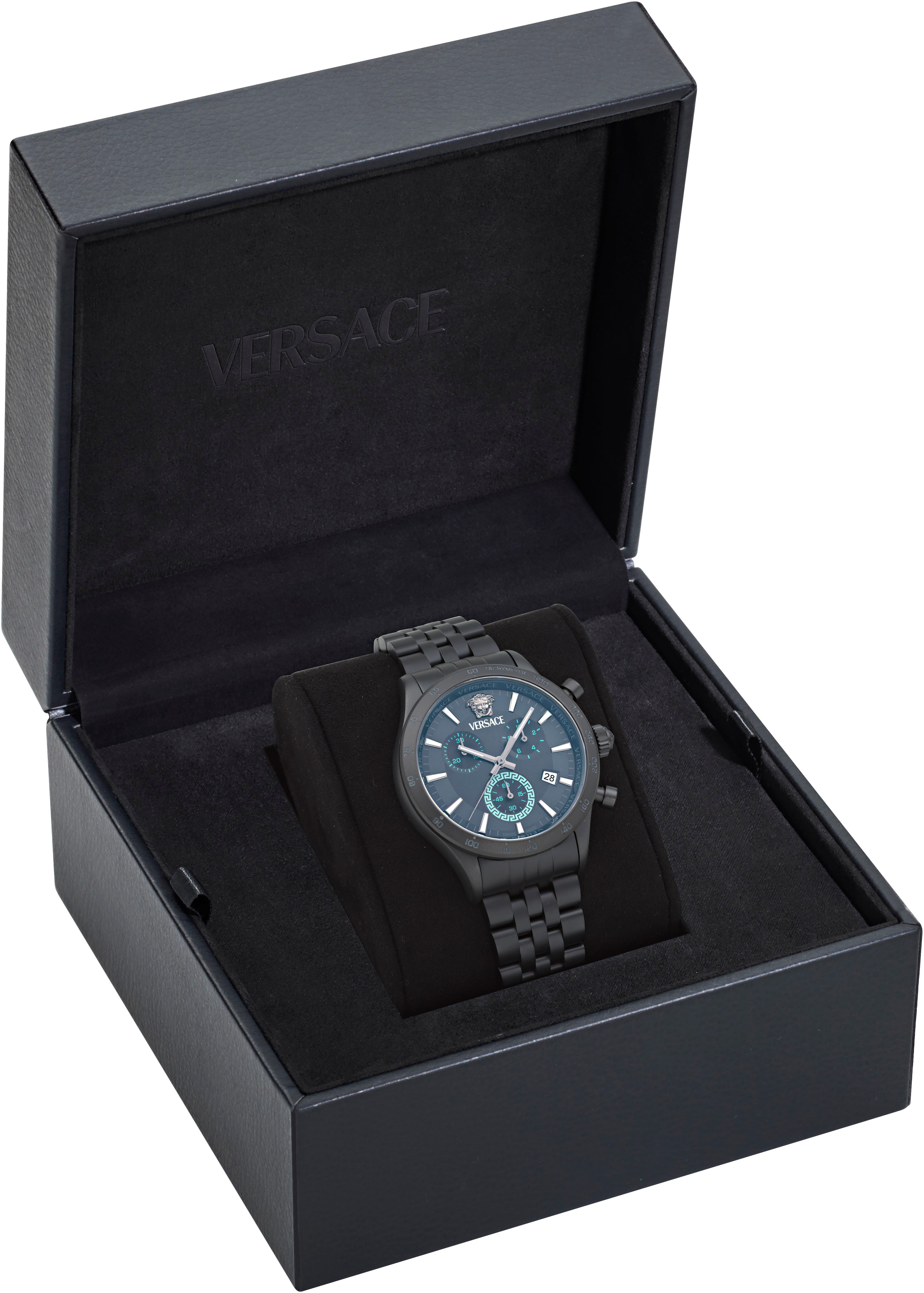 Versace Chronograph HELLENYIUM CHRONO PETITE VECFA0624, Quarzuhr, Armbanduhr, Herrenuhr,Swiss Made,Edelstahlband,Stoppfunktion