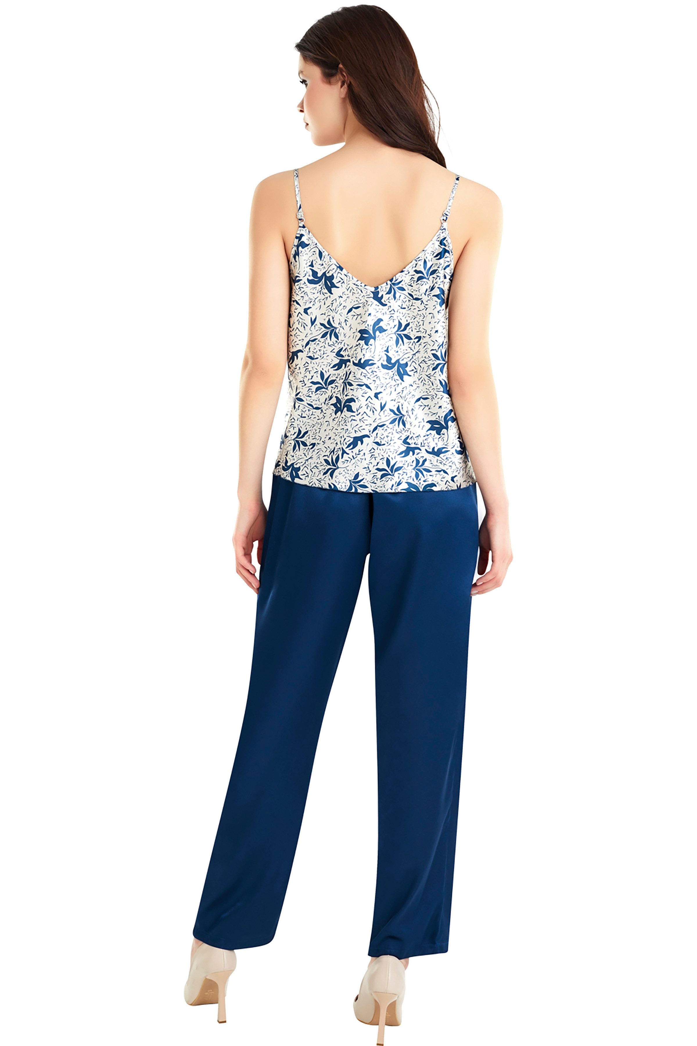 Capri-Pyjama Damen-Satin-Pyjama-Set, 3-tlg: Top, Hose, dunkelblauer Kimono