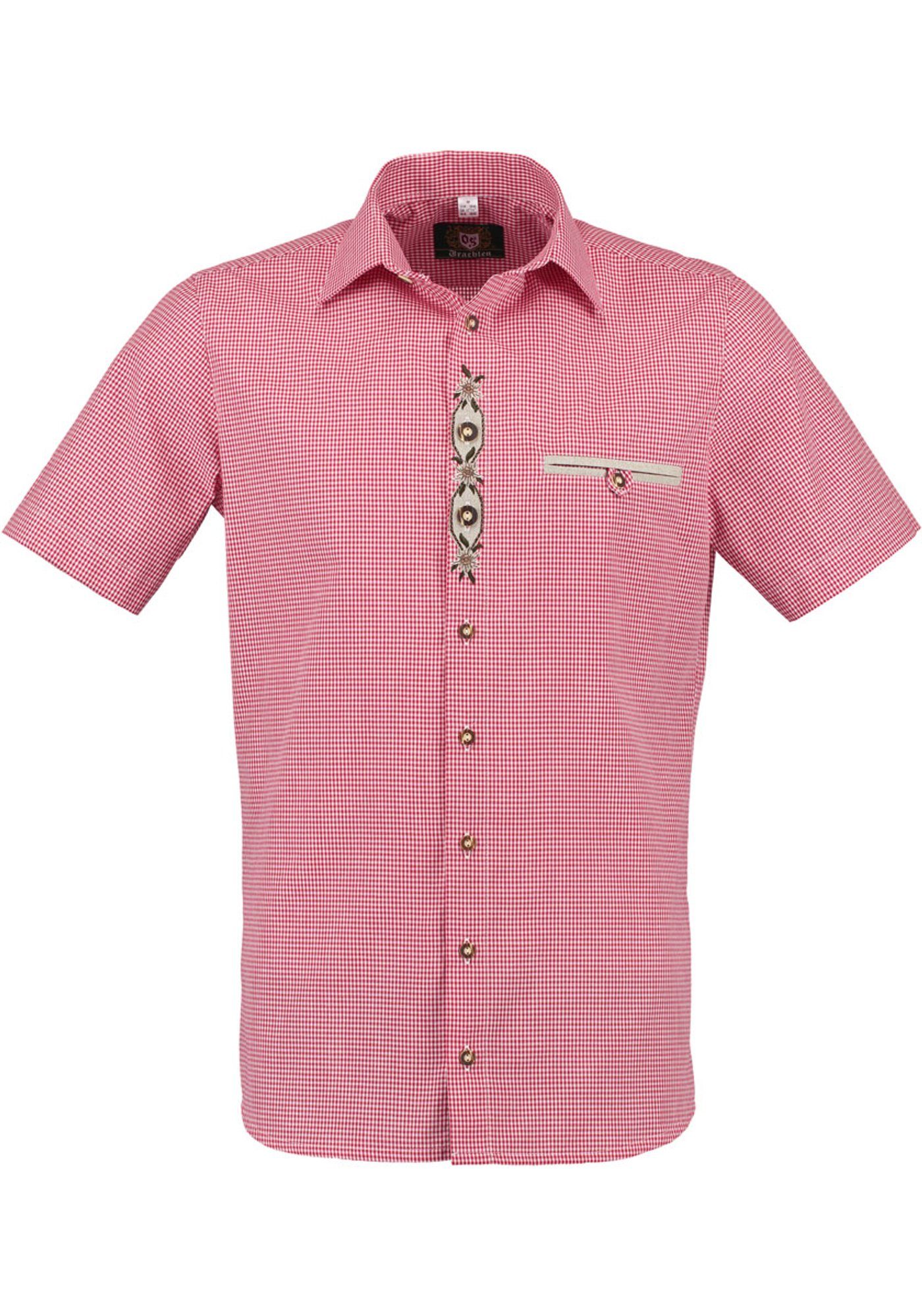 Trachtenhemd auf hochrot mit OS-Trachten Paspeltasche, Weonys der Knopfleiste Kurzarmhemd Edelweiß-Stickerei