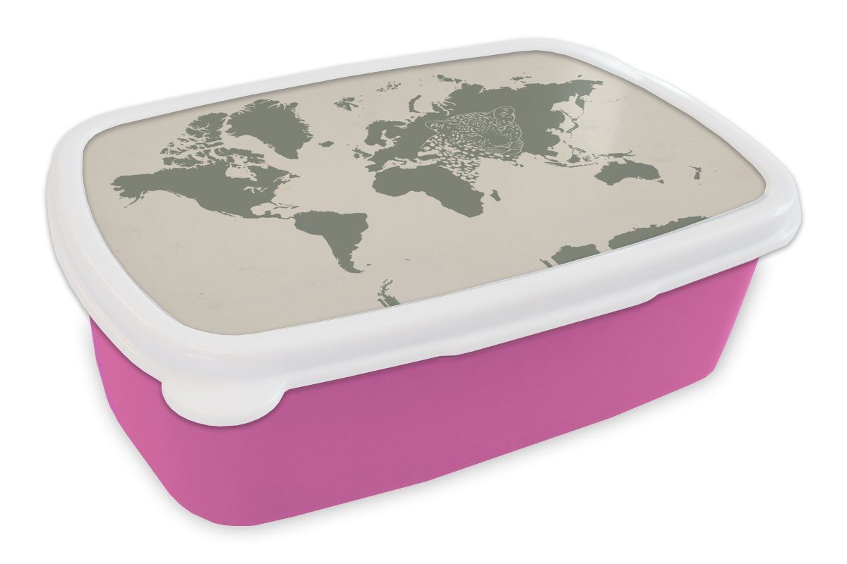MuchoWow Lunchbox Weltkarte - Tiere - Panther, Kunststoff, (2-tlg), Brotbox für Erwachsene, Brotdose Kinder, Snackbox, Mädchen, Kunststoff rosa