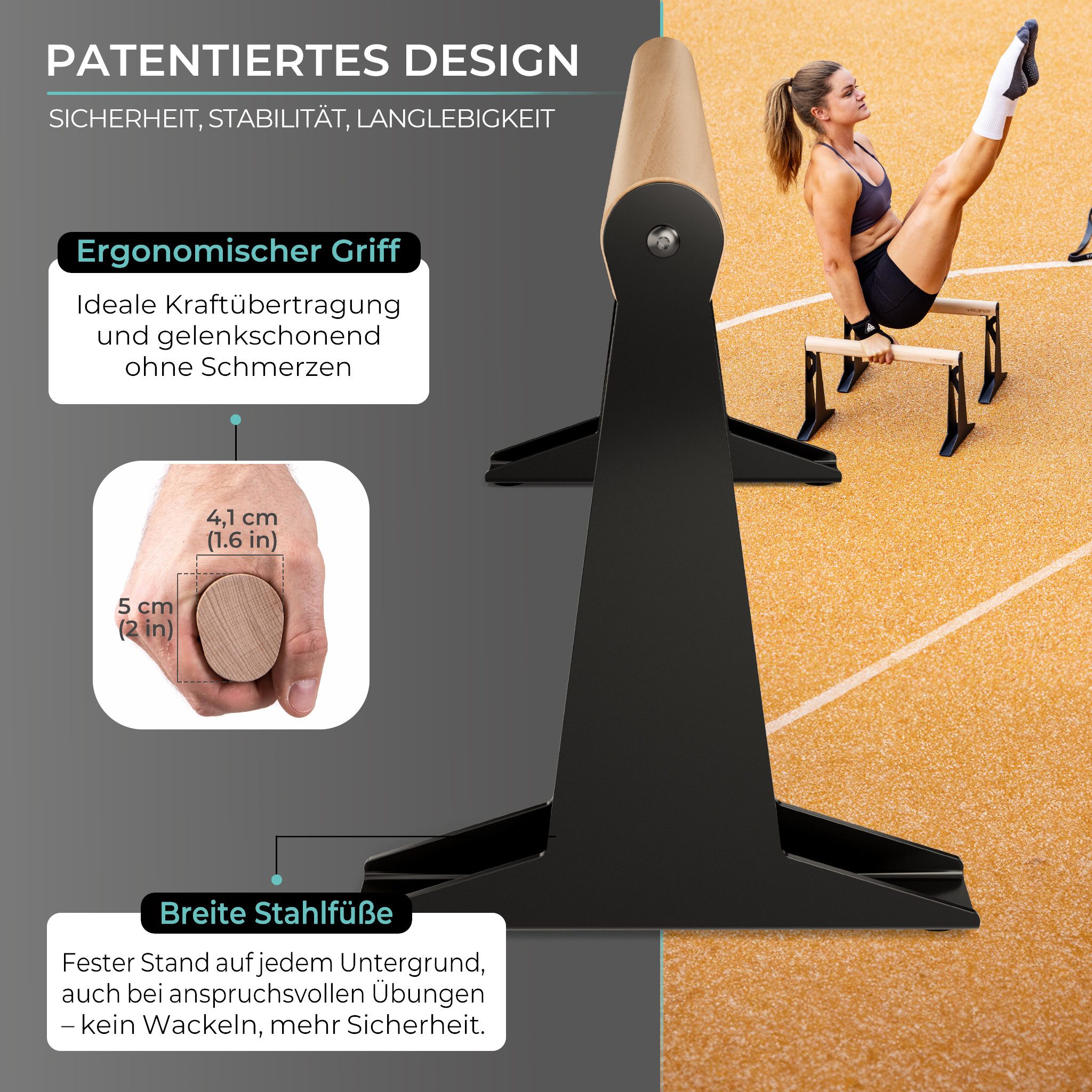 Pullup & Dip Handstandtrainer Holz Parallettes, Low oder Medium mit ergonomischem Holz Griff (1-St), Material: Holz, Buchenholz