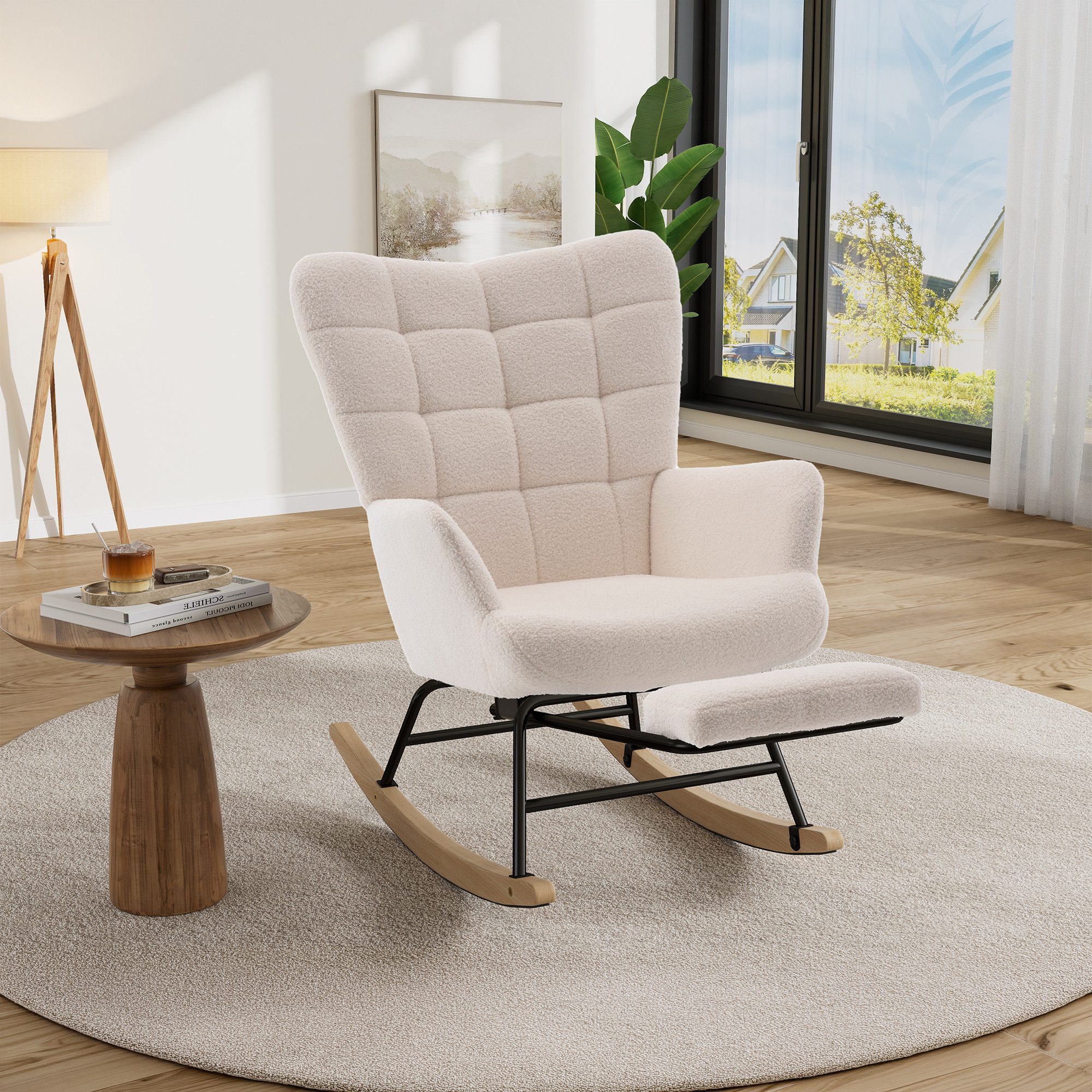 HAUSS SPOLE Schaukelstuhl mit ausziehbarer Fußstütze,Relaxsessel mit Schaukelfunktion,Beige (Relaxsessel Polstersessel mit Fußstützefunktion und Schaukelfunktion), Wohnzimmersessel mit geschwungenen Holzschaukelfüßen
