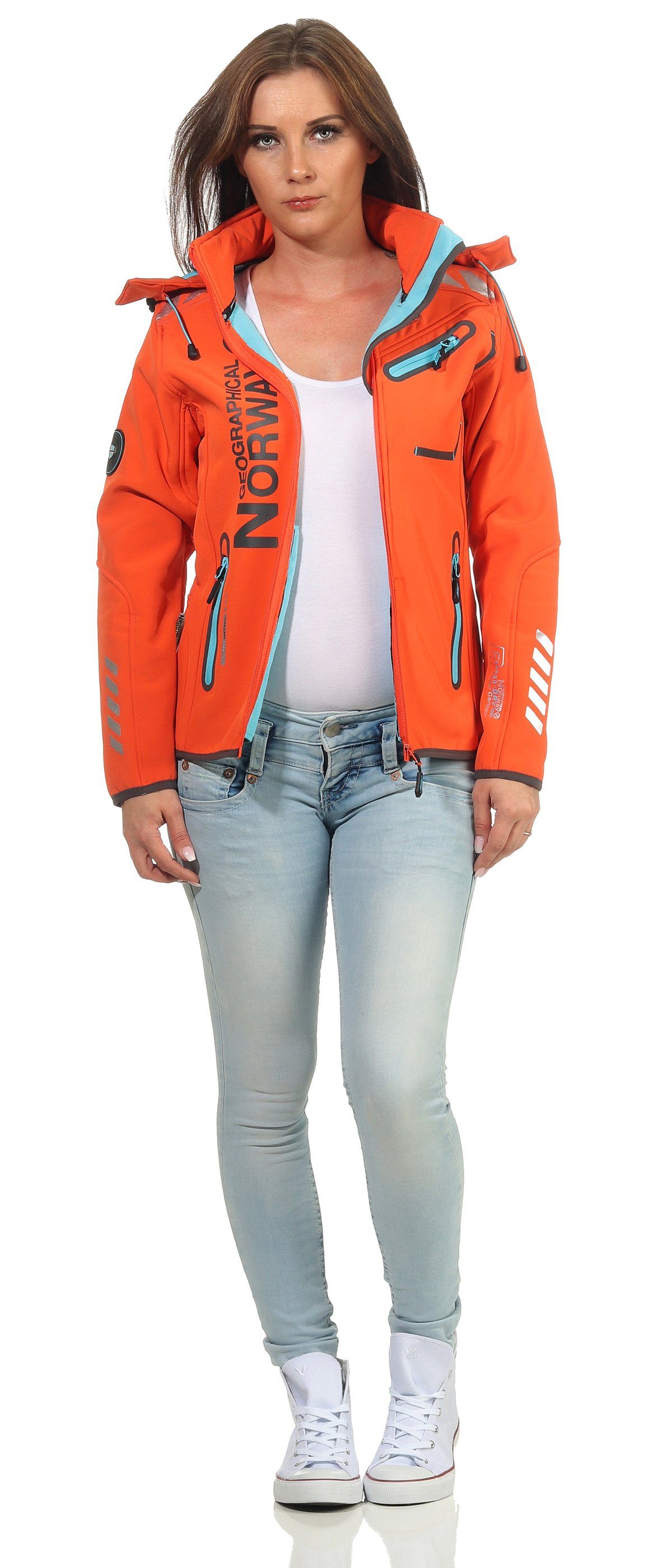 Geographical Norway Softshelljacke Damen Softshell Windbreaker Regen Outdoor Jacke in Unifarbe, mit abnehmbarer Kapuze, mit Stehkragen