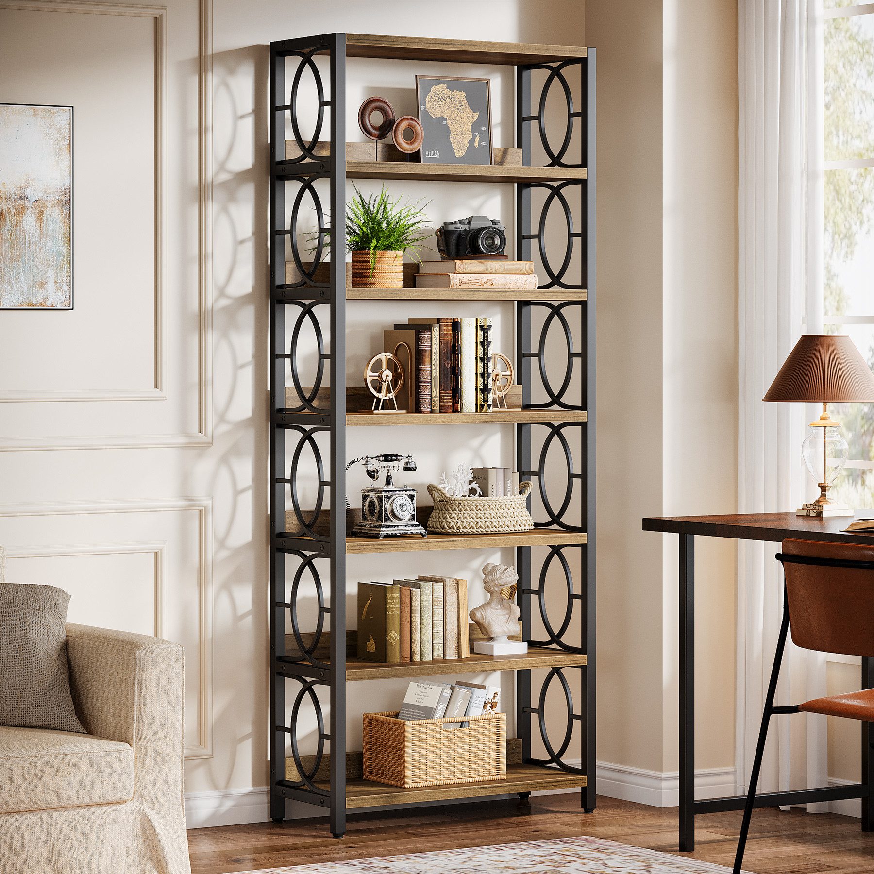Tribesigns Bücherregal Vintage Standregal, 6-Tier freistehende Display Regal mit Metallrahmen – Bild 3 von 5