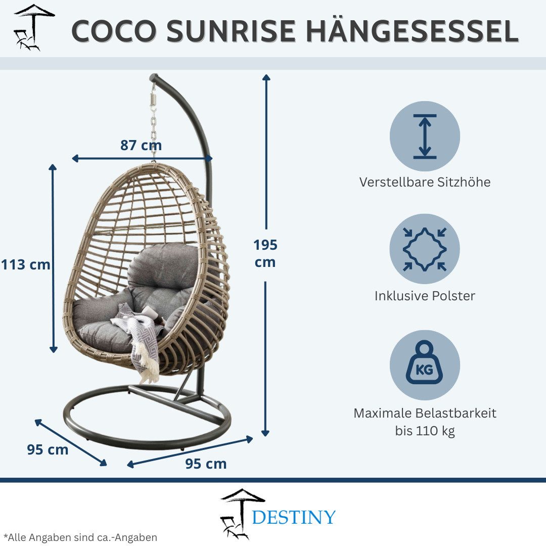 Destiny Hängesessel COCO SUNRISE, inkl. Gestell, Polsterauflage für Sitz + Rücken, belastbar bis 110 kg. Reduzierter Preis € 349,00. Unverbindliche Preisempfehlung € 499,00
