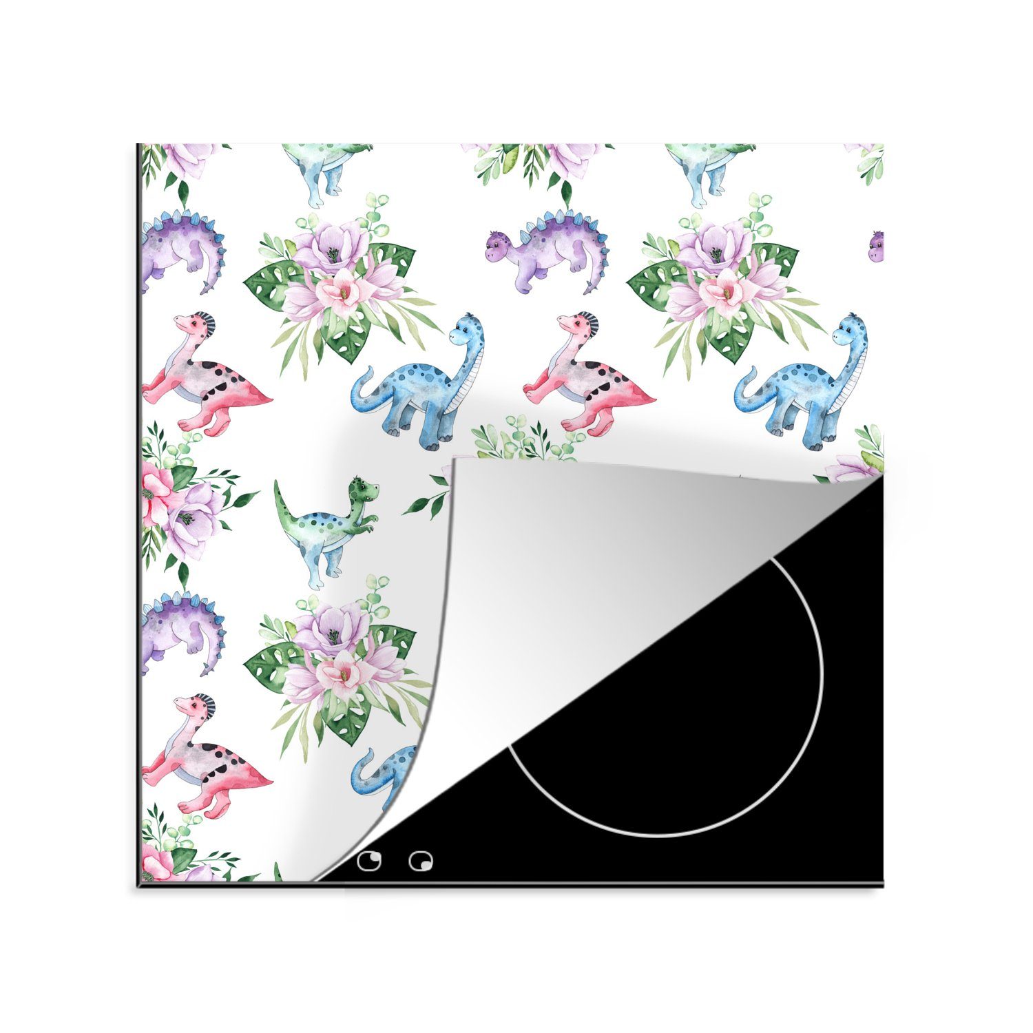 MuchoWow Herdblende-/Abdeckplatte Kinderzimmer - Dinosaurier - Blumen - Mädchen - Kinder - Rosa - Kind, Vinyl, (1 tlg), 78x78 cm, Ceranfeldabdeckung, Arbeitsplatte für küche