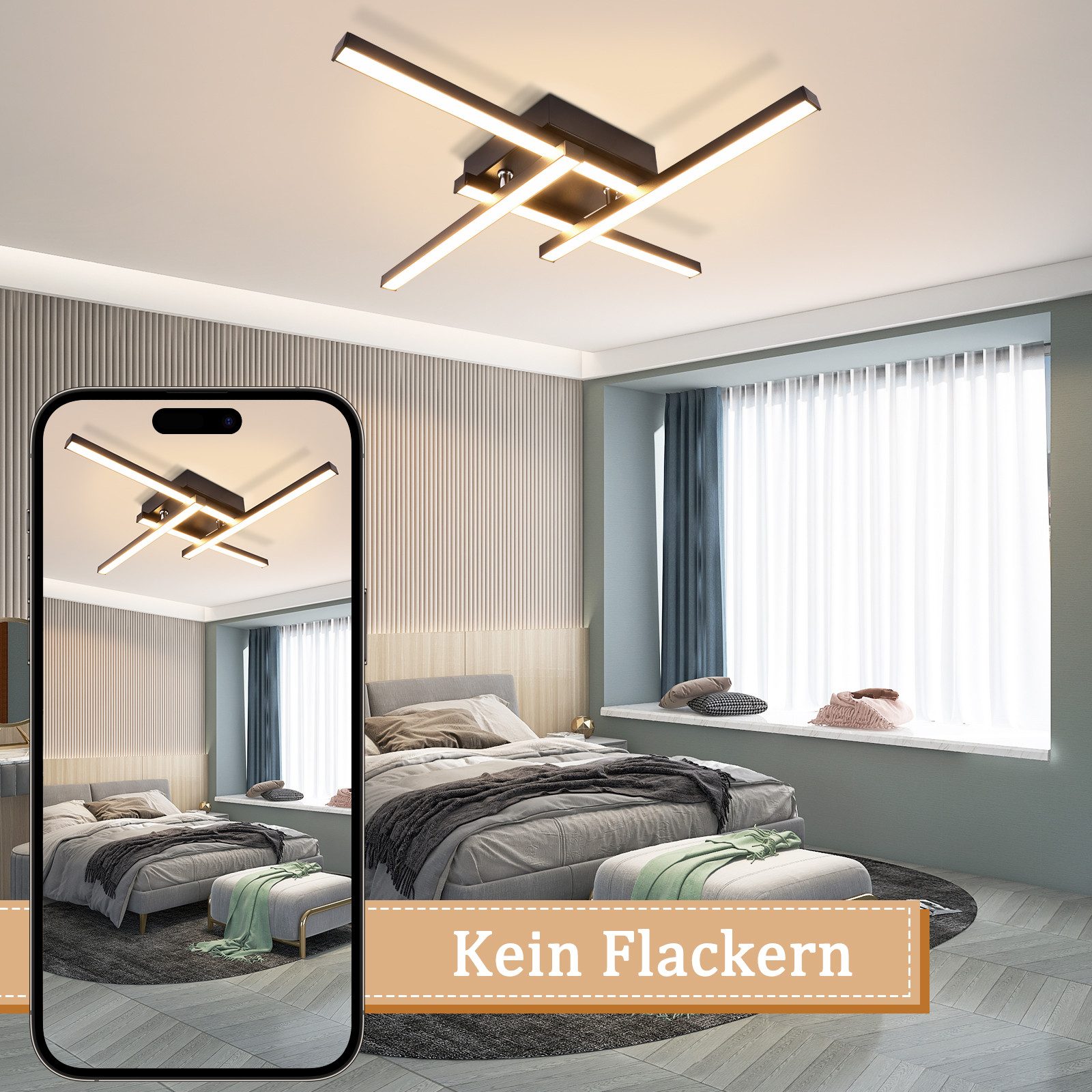 Nettlife LED Deckenleuchte Flur Wohnzimmer Schwarz modern Kristall Deckenlampe 12/24W, LED fest integriert, Warmweiß, Kristalle 24W 45.5*45.5*6.8cm für Wohnzimm – Bild 2 von 5