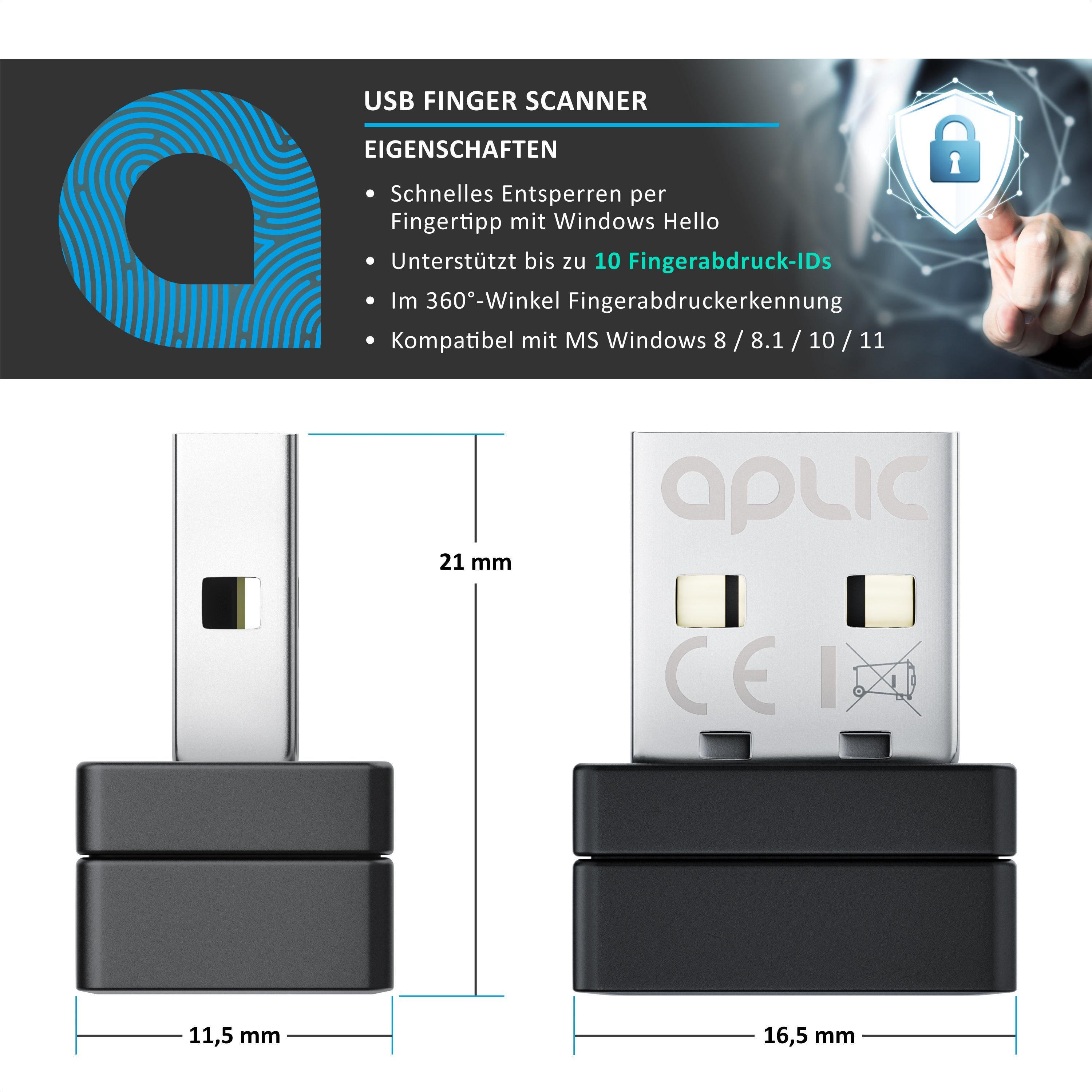 Aplic Fingerabdrucksensor USB Fingerabdruckleser, bis zu 10 IDs, Windows 8 10 11, Finger Scanner, Plug & Play für PC Notebook Laptop, USB Typ A, schnelle Biometrie