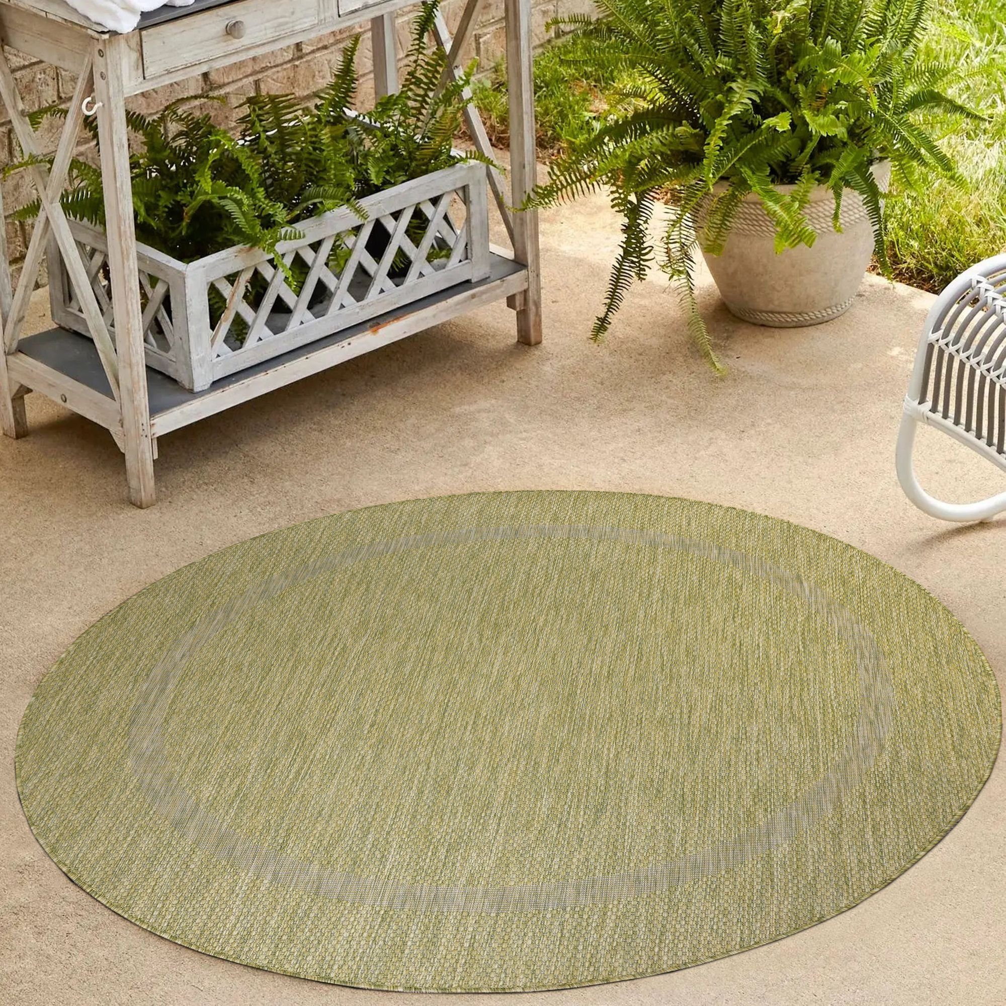 Outdoorteppich Unicolor - Einfarbig, Carpetsale24, Rund, Höhe: 5 mm, Rund Outdoor Teppich Wetterfest Balkon Küchenteppich Flachgewebe Grün