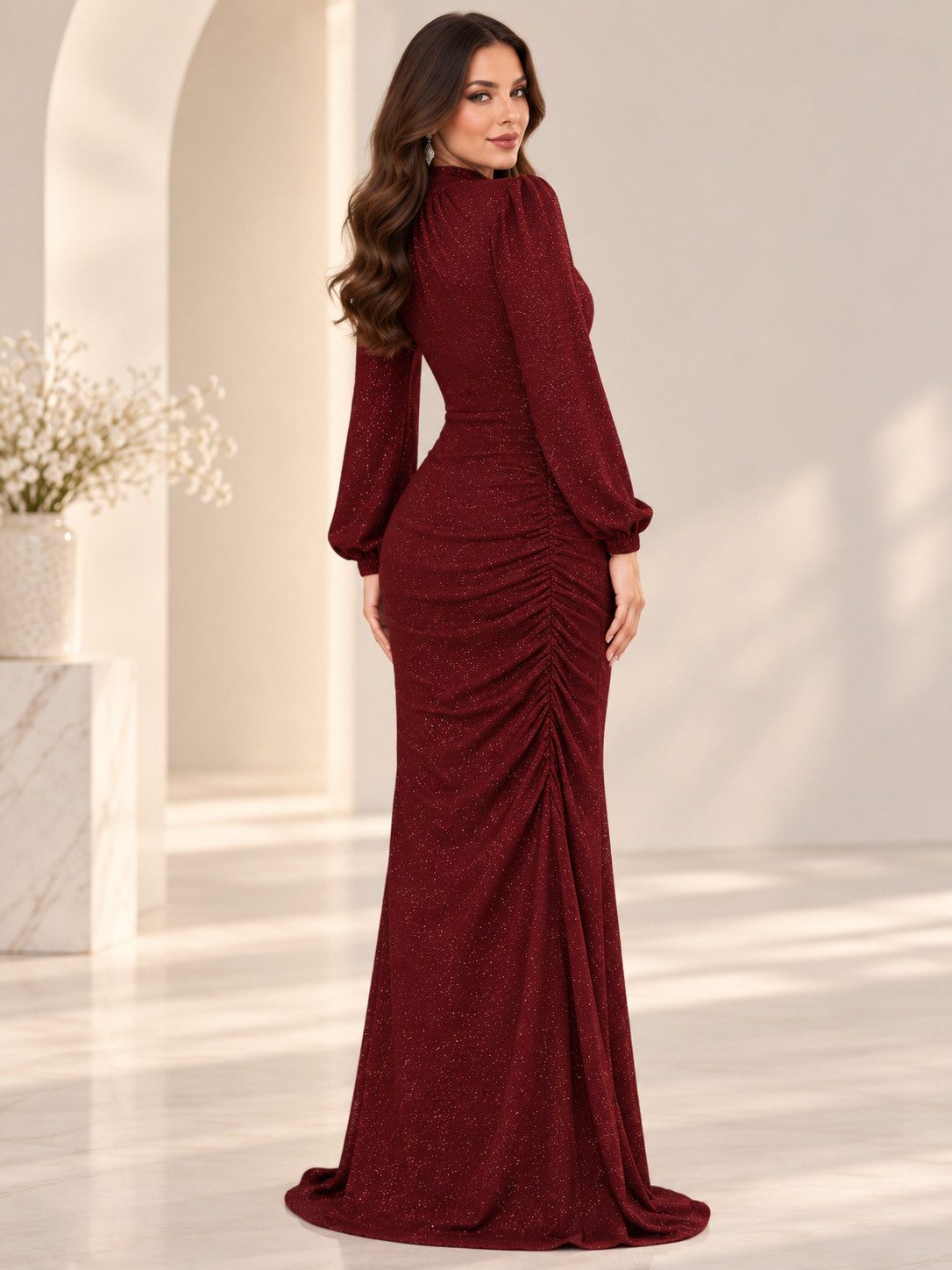 fashionshowcase Abendkleid langärmliges Maxikleid Damen Abaya Kleid - Modest Fashion Abiye mit Kragen, voll bedeckt – Bild 5 von 5