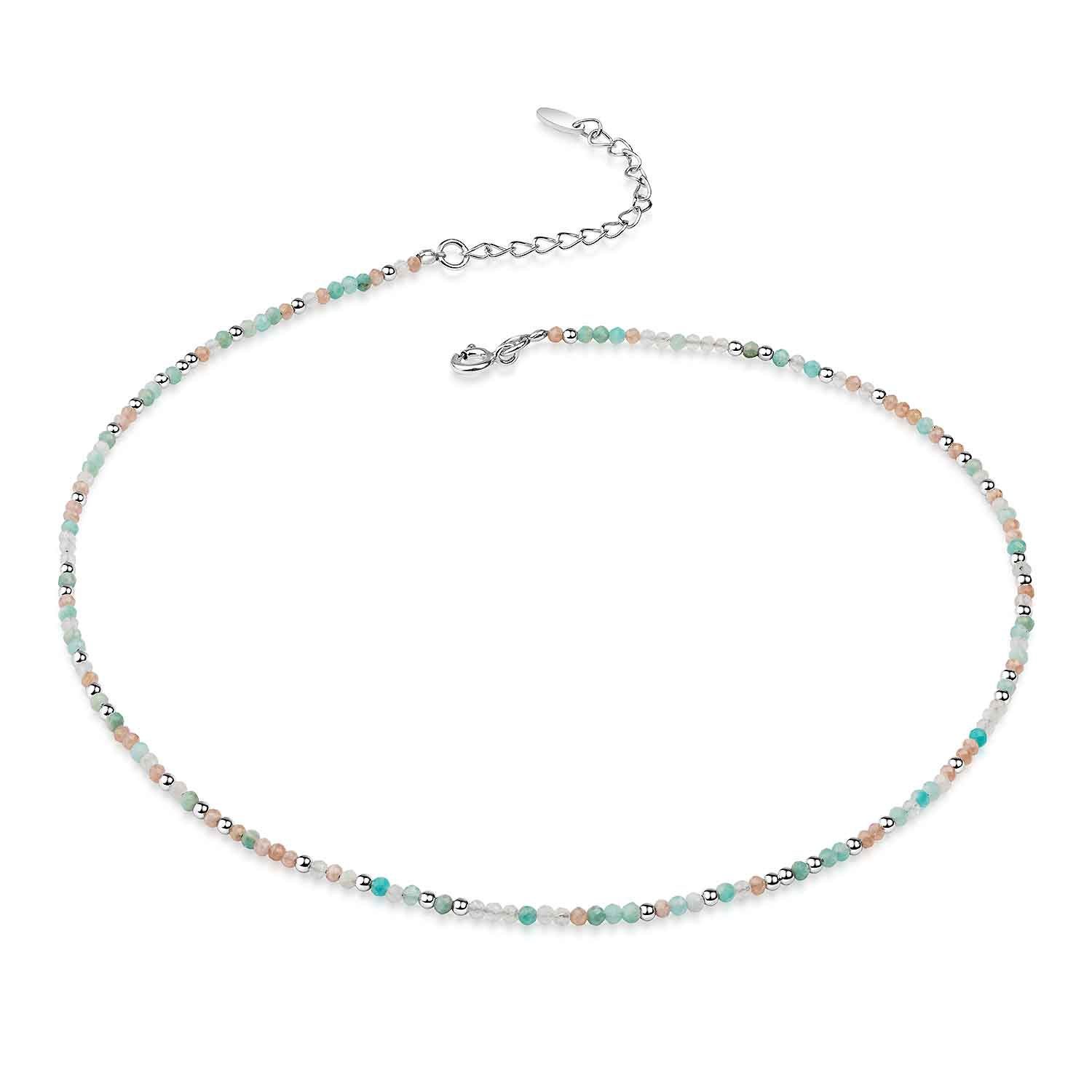 Materia Choker Edelstein Kugelkette Amazonit Mondstein Rhodonit CO-37, längenverstellbar