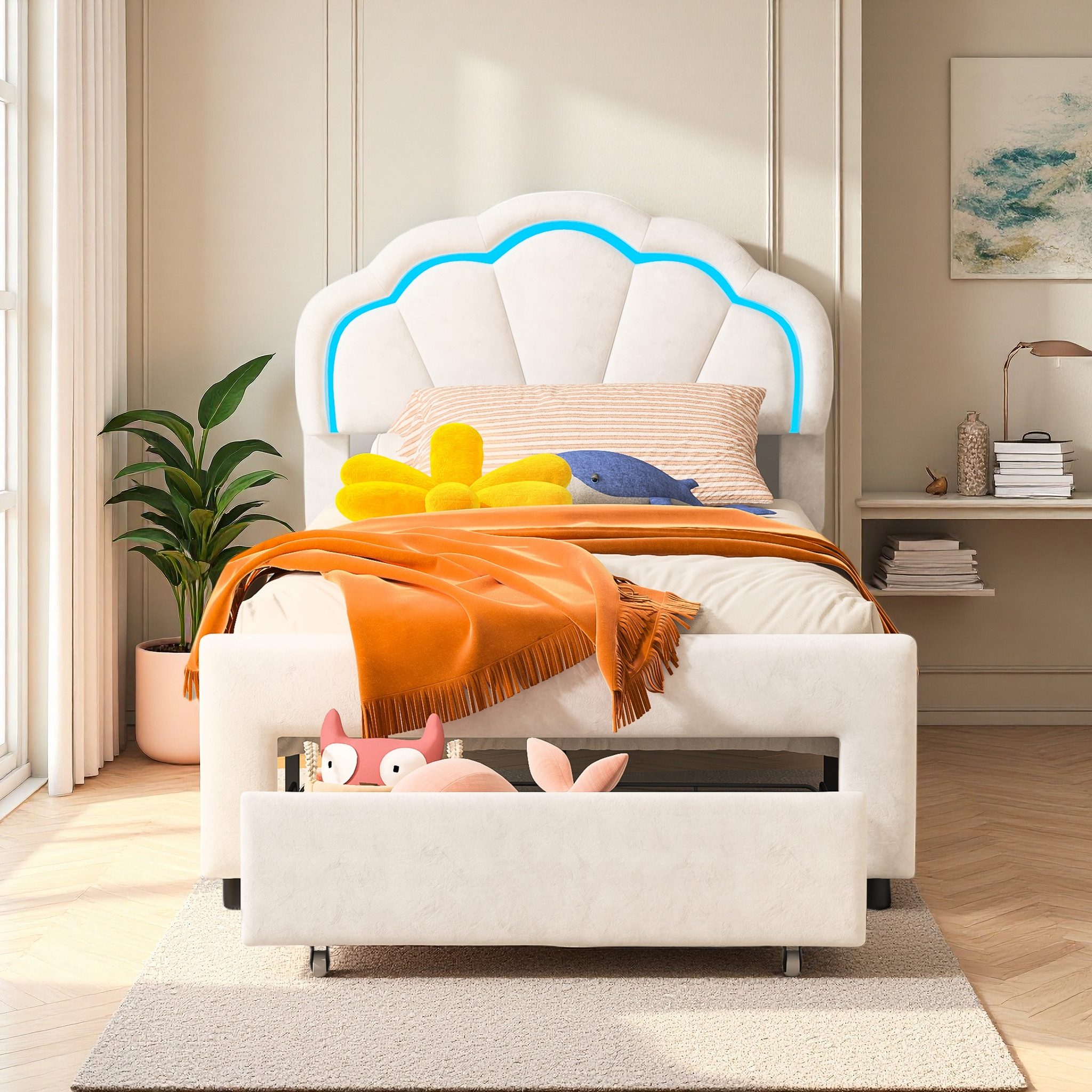 ADWOLT Polsterbett Polsterbett Kronenbett mit anhebbarem Kopfteil Kronenform (Jugendbett), 90x200 cm,Kinderbett,Schubladen mit Rädern,Samt – Bild 4 von 5
