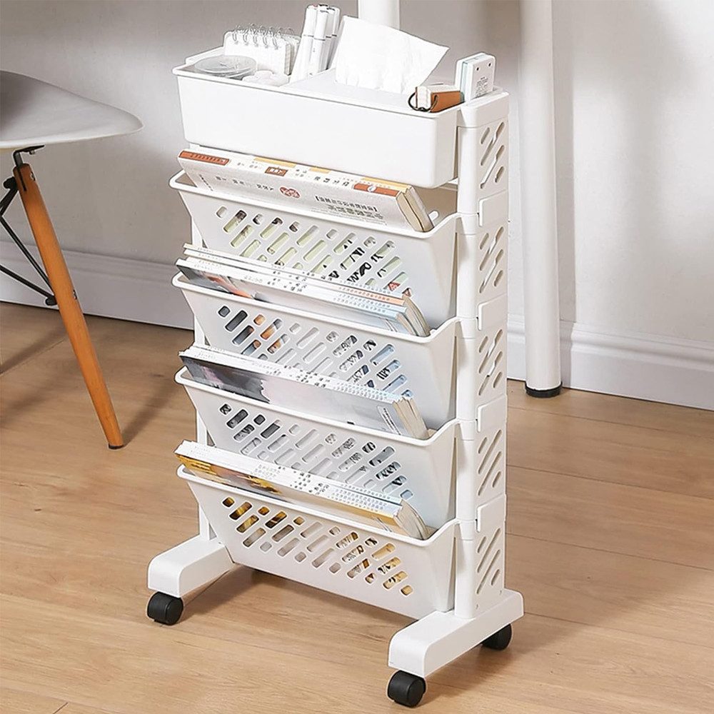 TUWENA Bücherregal Mobiles Bücherregal mit Rollen,Bücherregalwagen mit 5/6 Ebenen Drehbar, SchreibtischOrganiser Tisch Aufbewahrungskorb für Schule Klassenzimmer