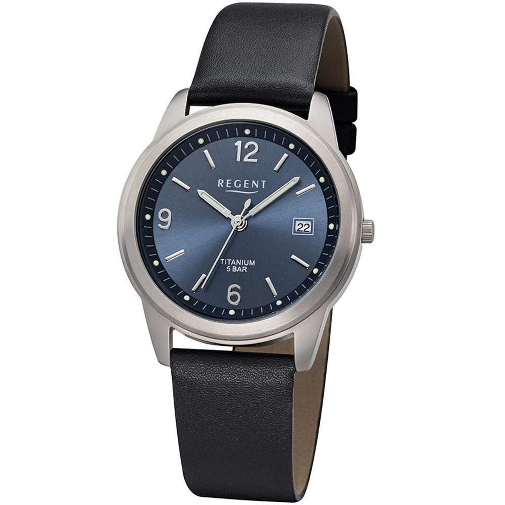Regent Titanuhr REGENT Herren Armbanduhr F-682 blau D. 37 mm Lederband schwarz