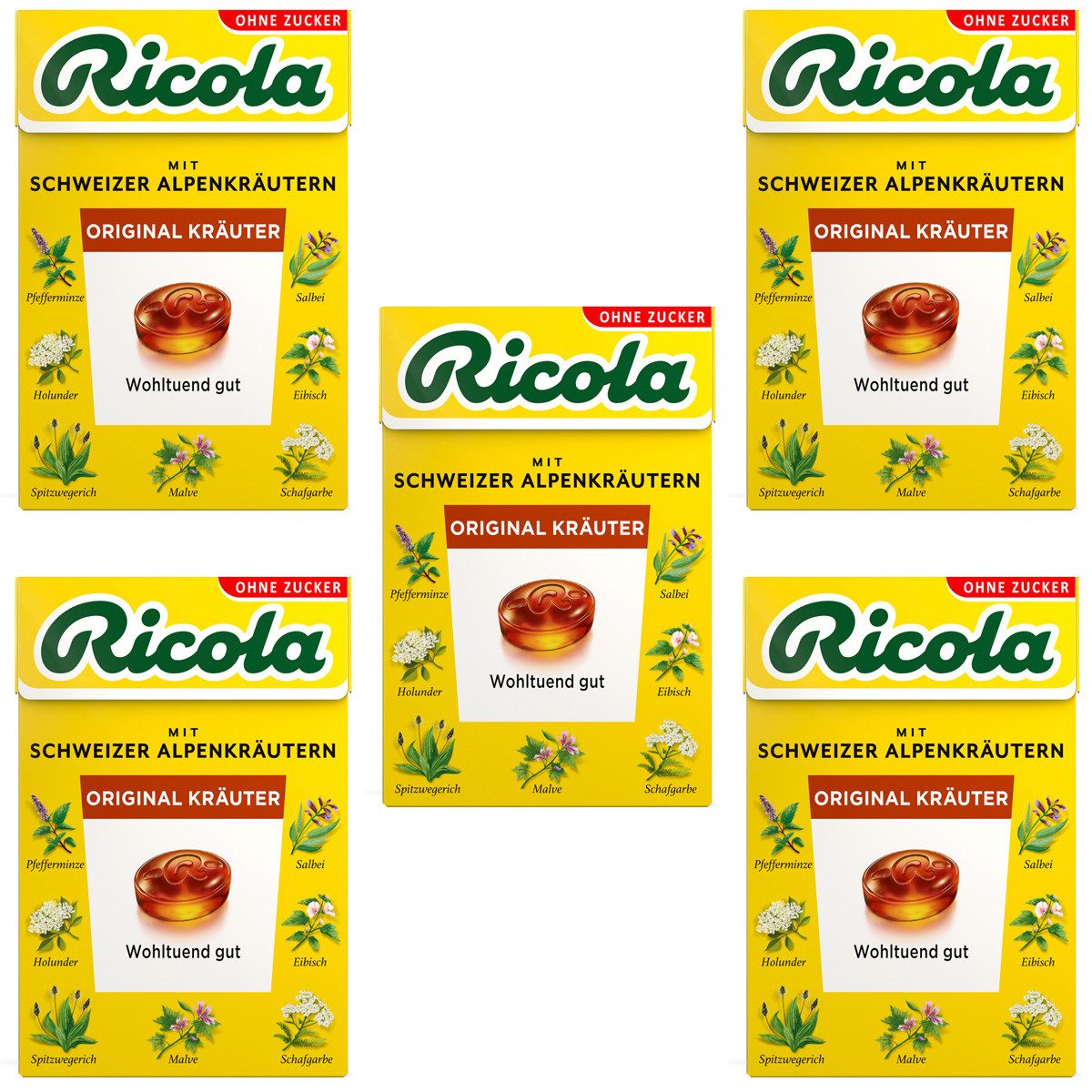 RICOLA Süßigkeit, Ricola Kräuterbonbons Original ohne Zucker im Böxli 50g 5er Pack