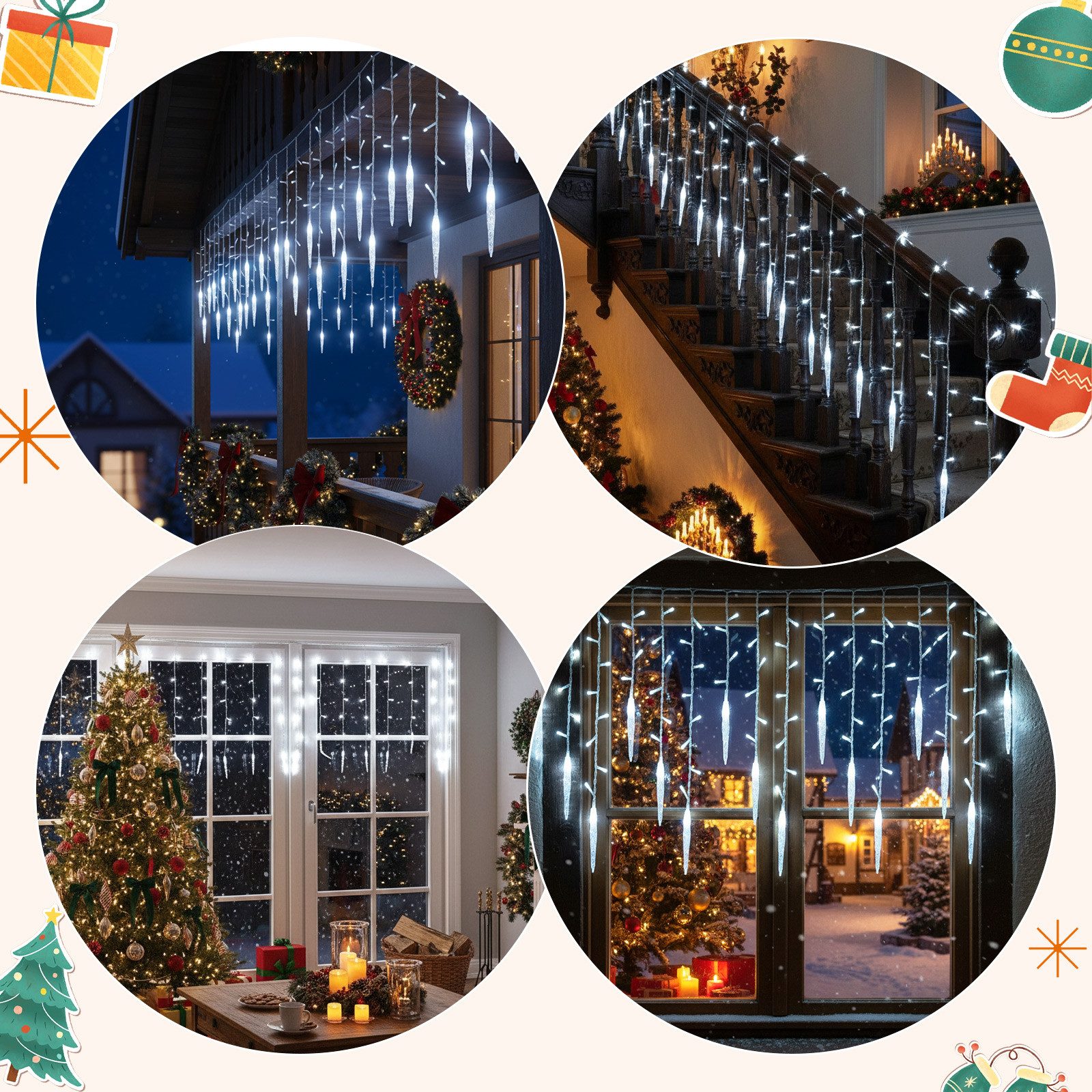 Rosnek LED-Lichtervorhang Eiszapfen-Anhänger, 8 Modi, Timer, für Traufe Weihnachtsdeko, Memory-Funktion, anschließbar, Niedrige Spannung, 96 LEDs, 3.5M – Bild 5 von 5