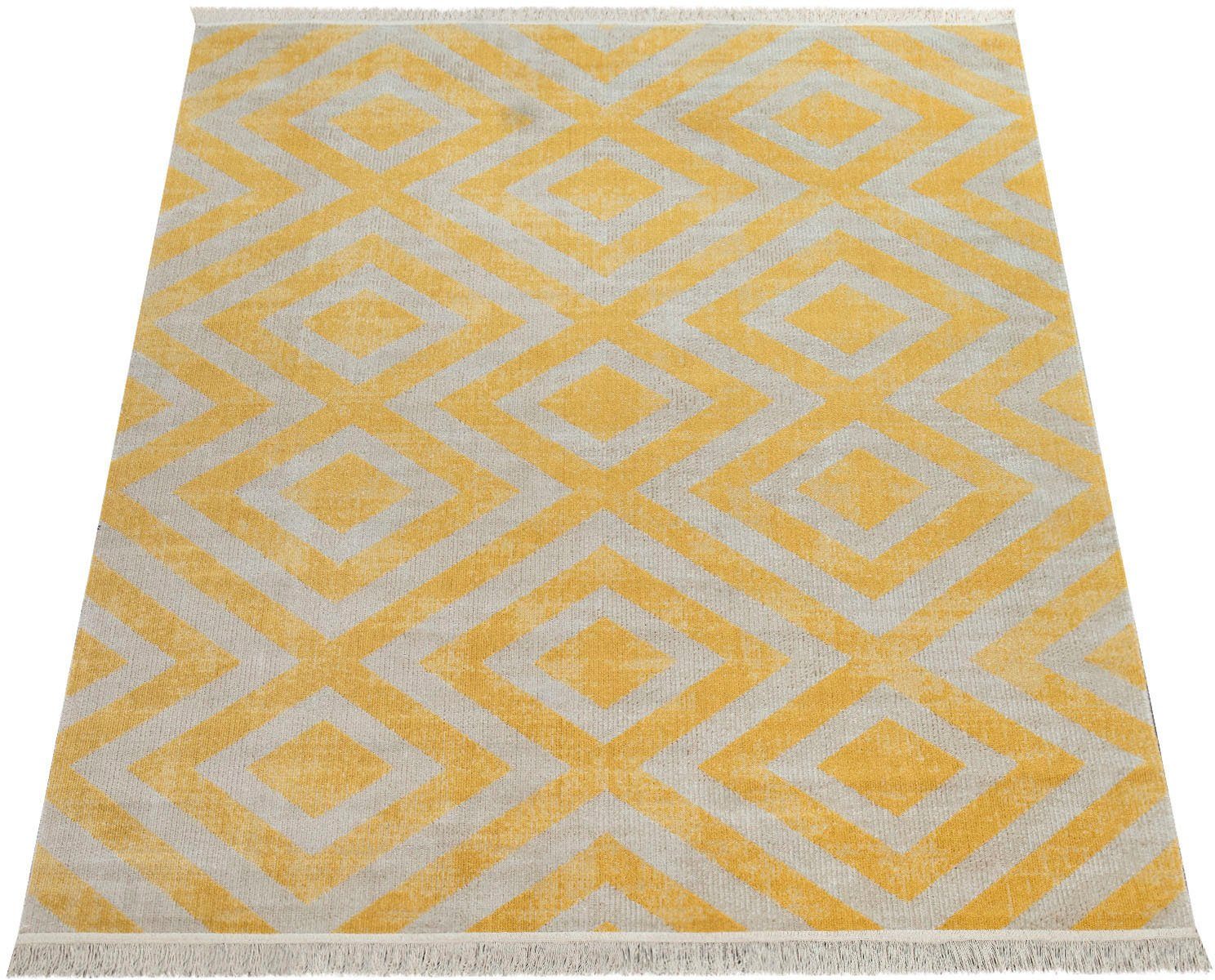 Teppich Poco 821, Höhe: mit 6 und Rauten Fransen, Paco Home, Design, gelb/weiß mm, Kurzflor, In- rechteckig, Outdoor geeignet