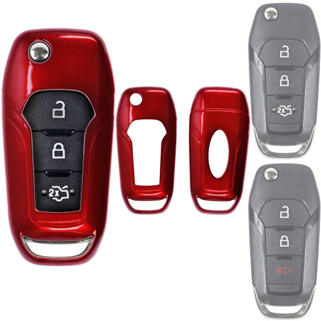 mt-key Schlüsseltasche Autoschlüssel Hardcover Schutzhülle Metallic Rot, für Ford Explorer Ranger Mondeo Fiesta Galaxy Mustang Klappschlüssel