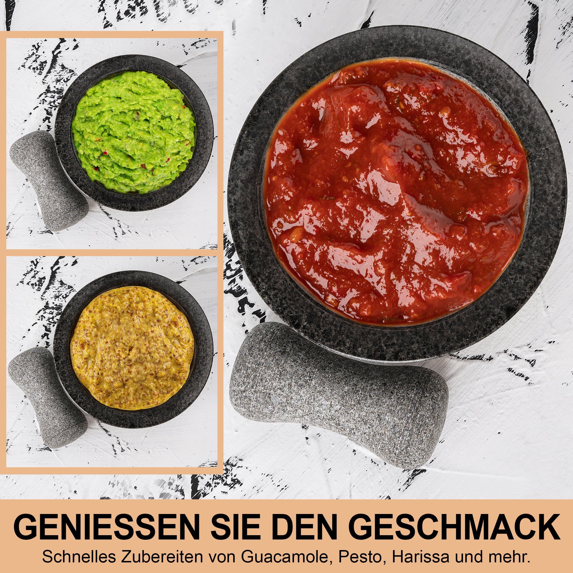Tortillada Mörser XXL, 16 cm, (Set, 4-tlg., Mörser, Stößel, Holzsockel und Rezeptbuch), 16 cm, mit Holzsockel und Rezeptbuch