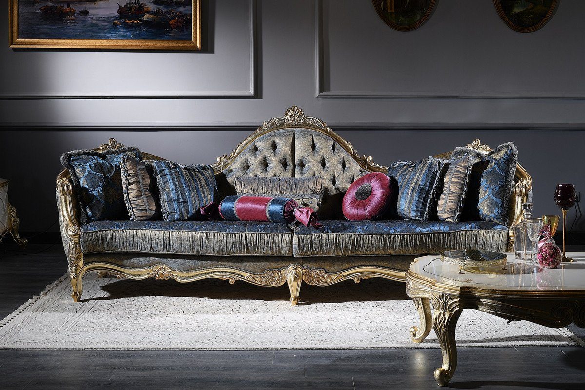 Casa Padrino Chesterfield-Sofa Luxus Barock Chesterfield Sofa Dunkelblau / Antik Gold 300 x 90 x H. 119 cm - Prunkvolles Barock Wohnzimmer Sofa - Barockmöbel