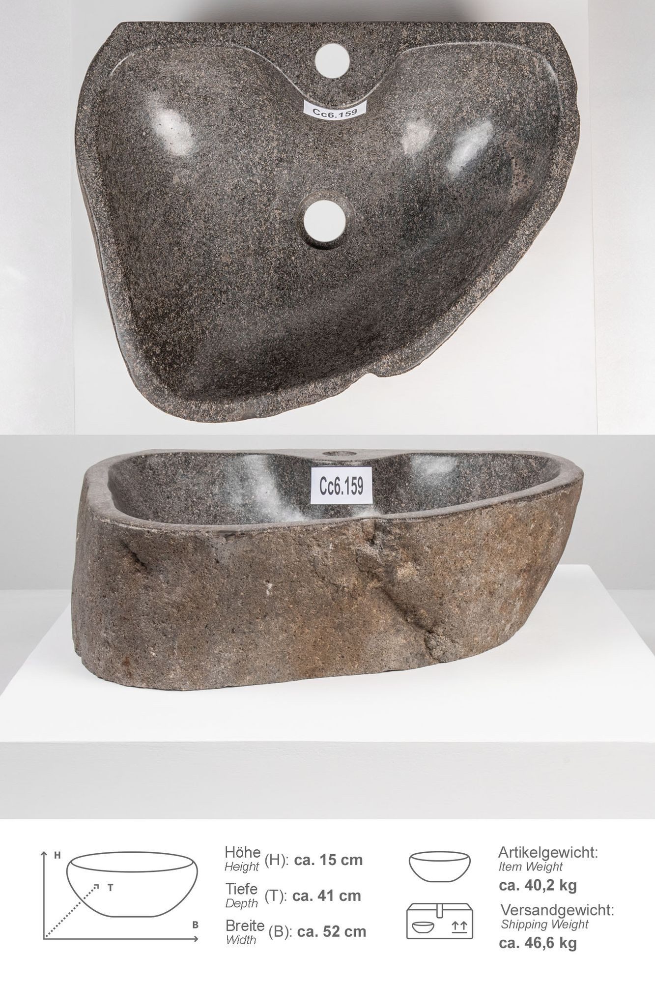 wohnfreuden Aufsatzwaschbecken Naturstein Waschbecken 50 cm mit Hahnloch (Kein Set), 632_Cc6.159