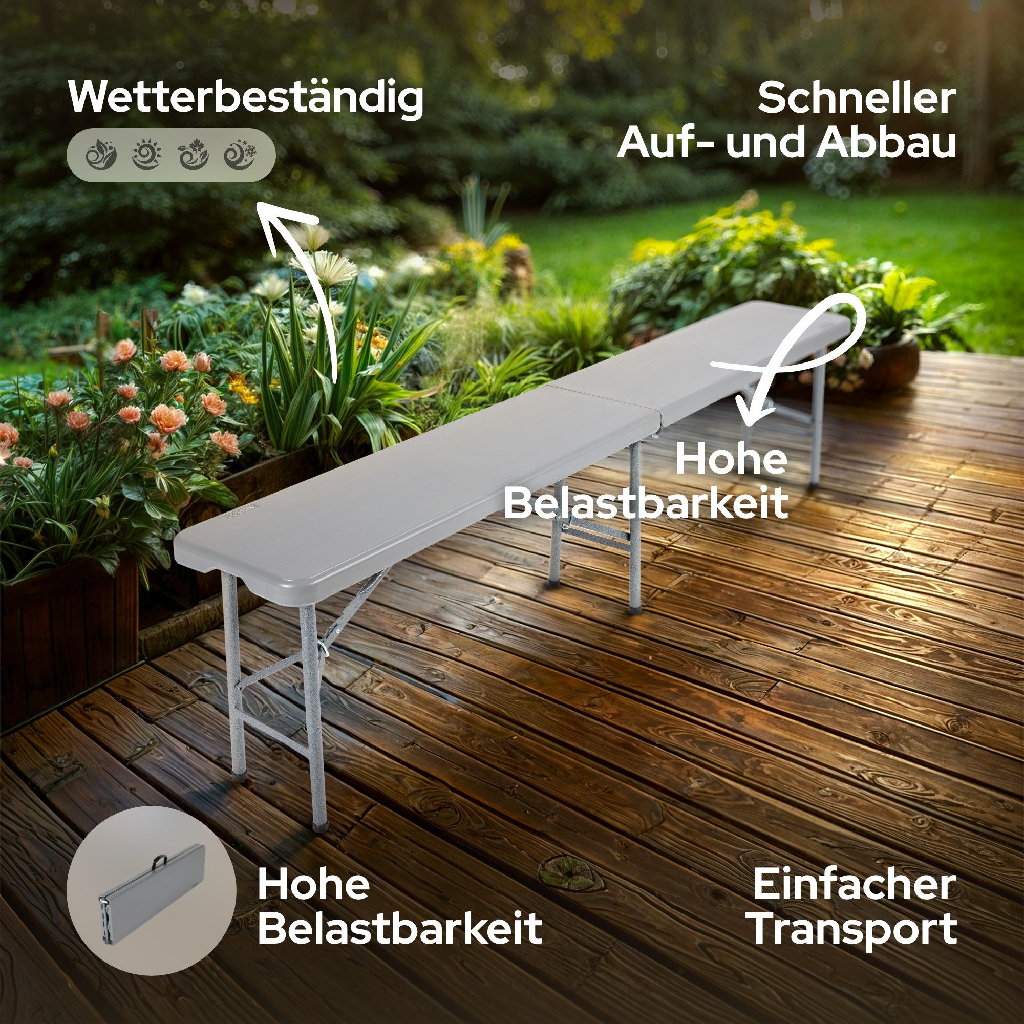 Arebos Bierzeltgarnitur 2x Bierbank Faltbank Klappbar I Tragegriff, 183 x 28 x 43 cm, Tragkraft max. 150 kg (je Bank)