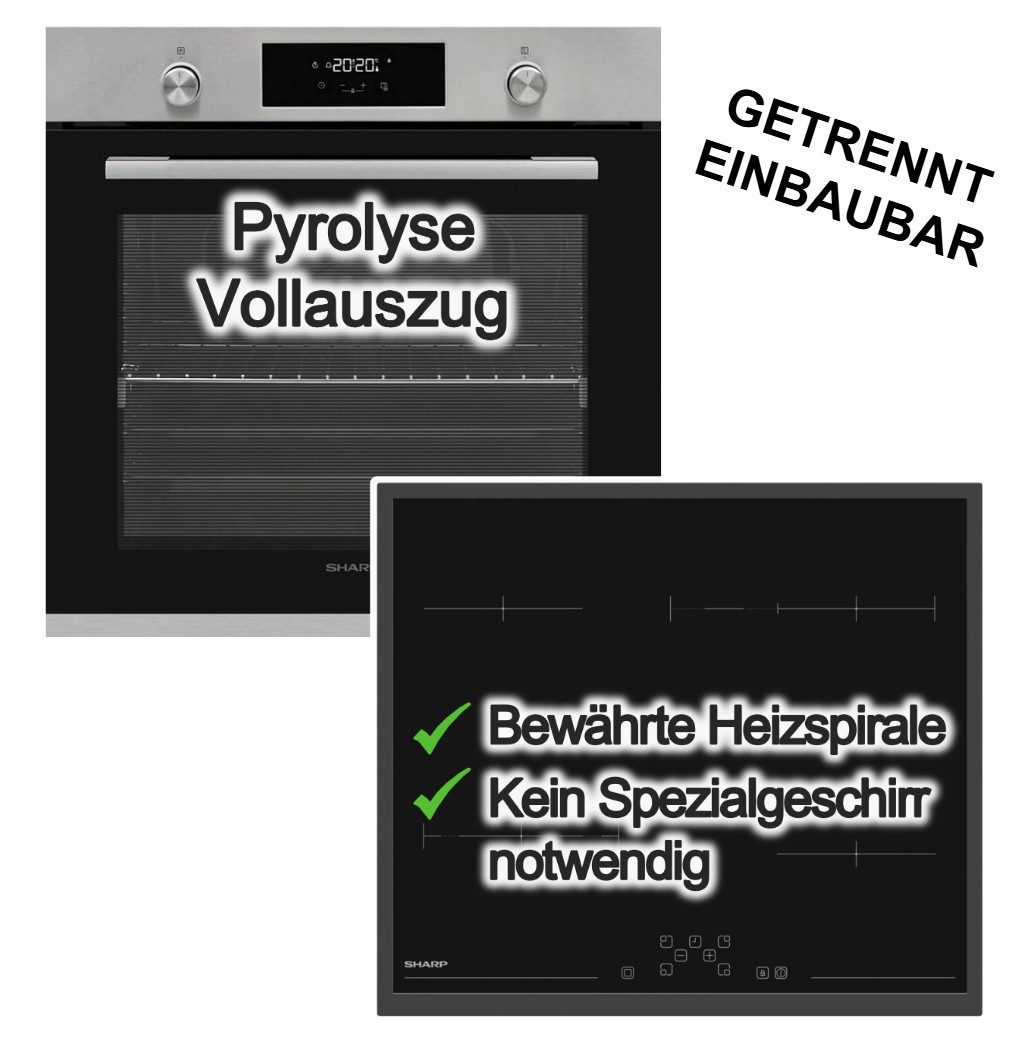 Sharp Backofen-Set Pyrolyse Turbo Heißluft Vollauszug+ Elektrokochfeld Bräterzone, mit 1-fach Vollauszug, Pyrolyse-Selbstreinigung