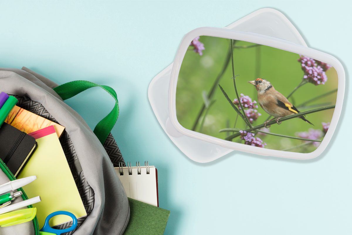 Lunchbox Brotdose, Brotbox Jungs und Ein zwischen violetten Stieglitz und Kunststoff, Mädchen für MuchoWow Blumen, (2-tlg), für Kinder weiß Erwachsene,