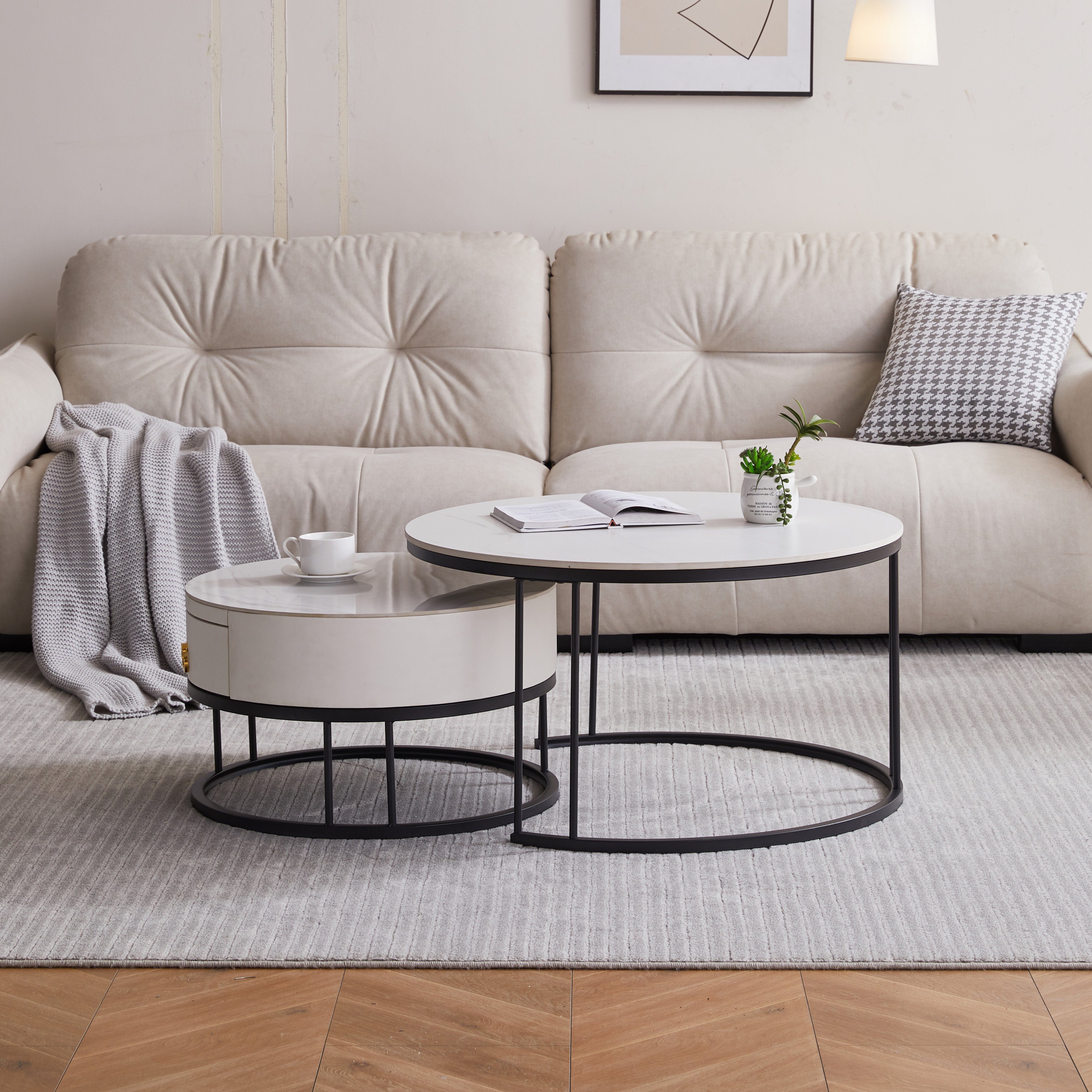 OKWISH Couchtisch Satztisch Rund Beistelltisch Kaffeetisch Wohnzimmertisch Sofatisch (Schiefer-Tischplatte, mit Schublade, Keine Lötstellenstruktur, 2-St., 2-in-1 Set Tisch)
