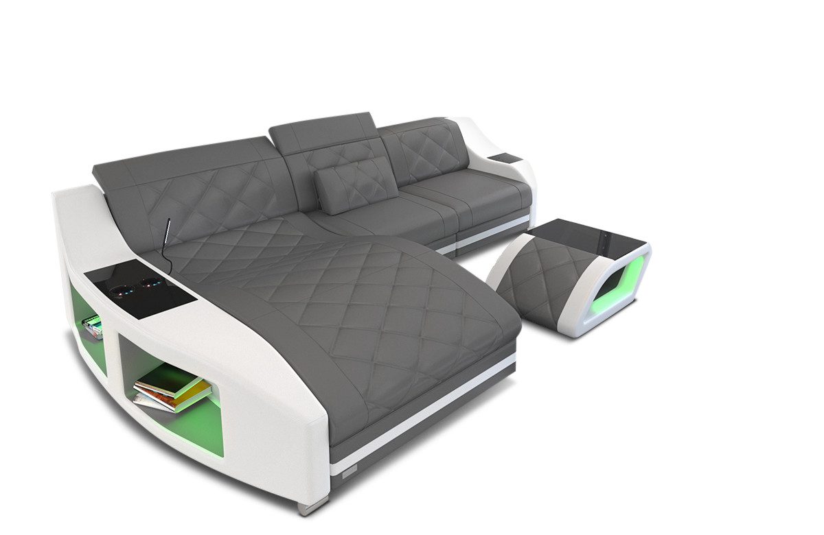 Sofa Dreams Ecksofa Leder Couch Ledersofa Swing L Form Sofa, mit LED, wahlweise mit Bettfunktion als Schlafsofa, grau-weiß