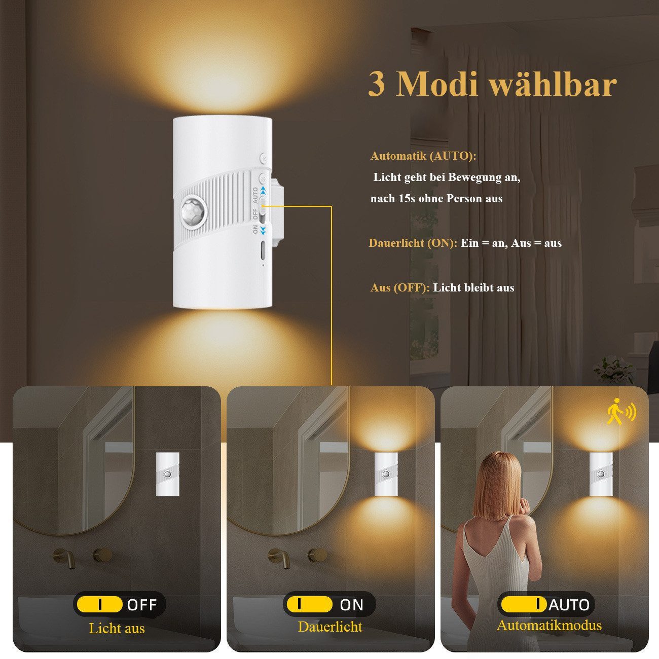 wohnTRAUM24 LED Nachtlicht LED Bewegungsmelder-Nachtlicht mit 3 Modi (ON/AUTO/OFF),Warmweiß 3000K, LED fest integriert, Tageslichtweiß, Warmweiß, Neutralweiß, Wiederaufladbar, für Wohnzimmer Treppenhaus Flur
