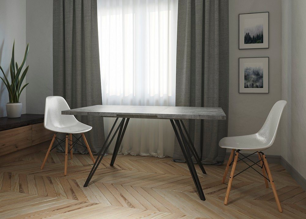 Möbelcenter Löhne Esstisch LIFE 120-160x80 cm/ Metallfüße/ Tischplatte Weiß/ Beton/ Eiche/Schwarz Betonoptik