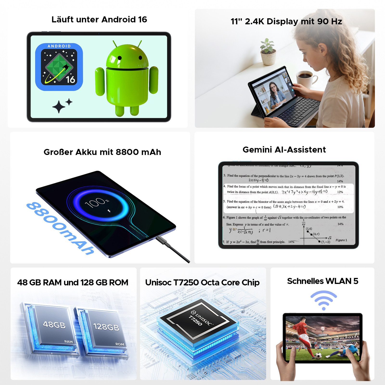 Aorlym P11 Pro Android 16 Tablet mit Tastatur,90Hz,128GB ROM,8800mAh,11 Zoll Tablet (11", 128 GB, Android 16, WiFi, 48GB RAM (8 + 40 GB erweitert), GPS, Face ID, 5G WiFi, Gemini AI)