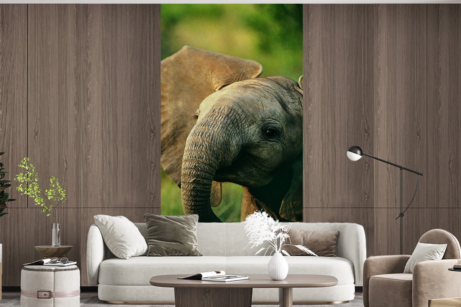 St), - MuchoWow Fototapete Vliestapete - (2 Wohnzimmer Schlafzimmer - Küche, bedruckt, Natur, Elefant für Tiere Fototapete Grün Matt,